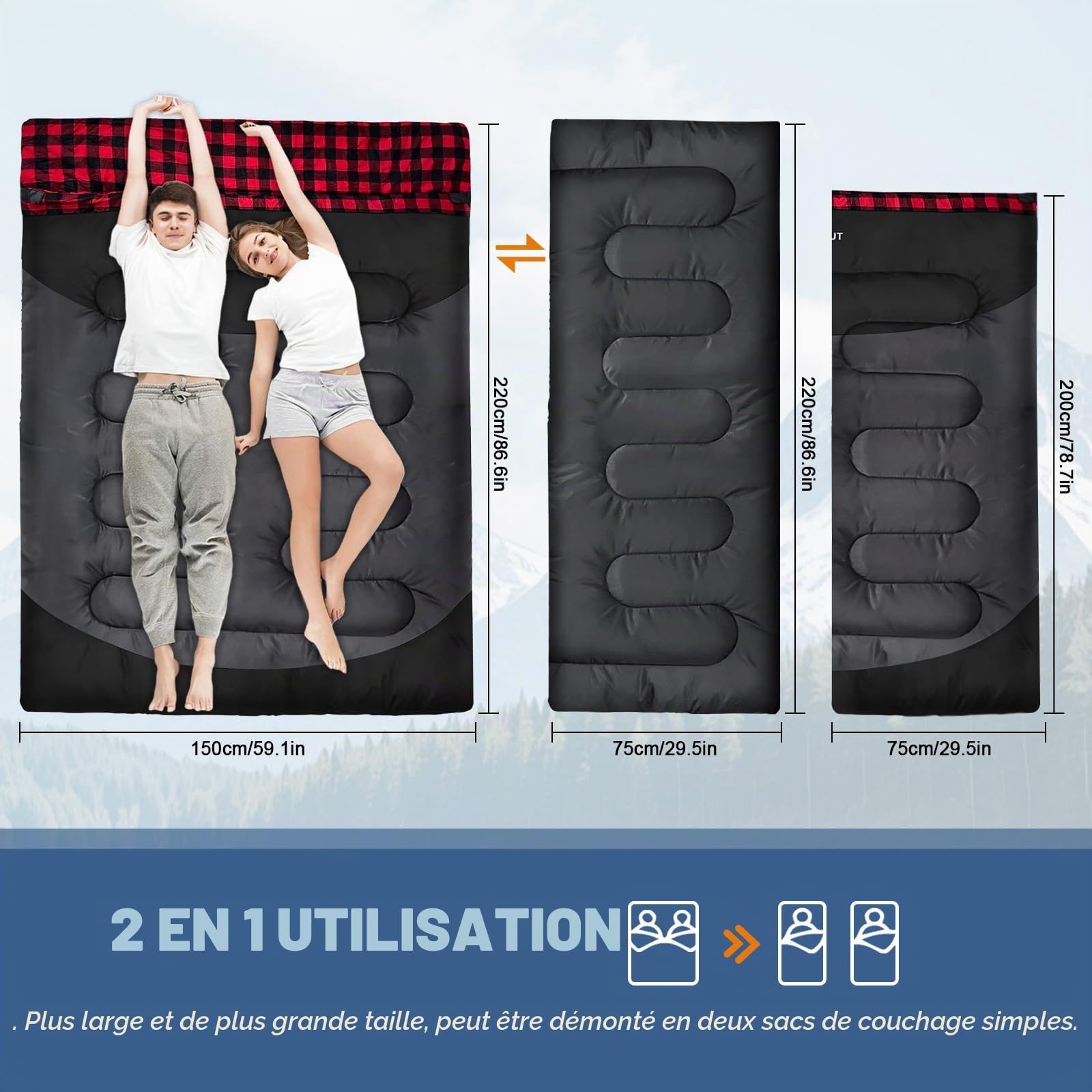Sac de Couchage Double en Flanelle pour Adultes XXL Sac de Couchage 2 Personnes Confortable pour Camping Tentes Camion Randonnée Extérieur Intérieur 220x150CM