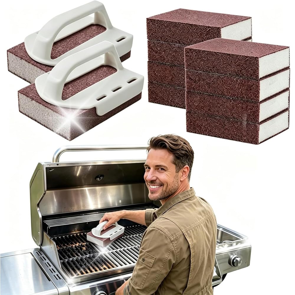 Decontamination Cleaning Brush, 2026 New Magic Cleaning Sponge, Nano Carborundum Emery Sponge Scrubber with Handle, Carbide Cleaning Brush, Rust Eraser Sponge for BBQ Grill (2 Handle+10 Sponge)