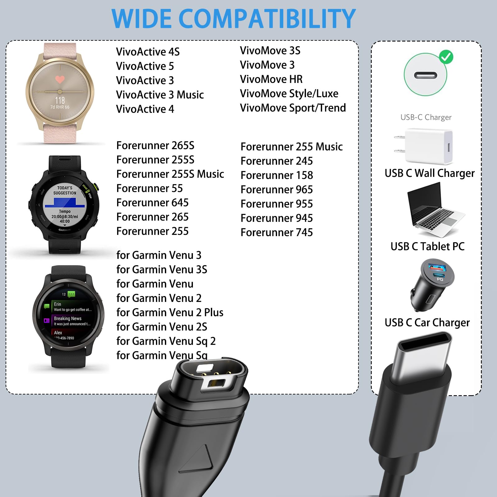 Cavo USB-C Per Garmin - 2 Pezzi, Caricabatterie Compatibile Con Fenix, Forerunner, Vivoactive, Venu - Foto 5