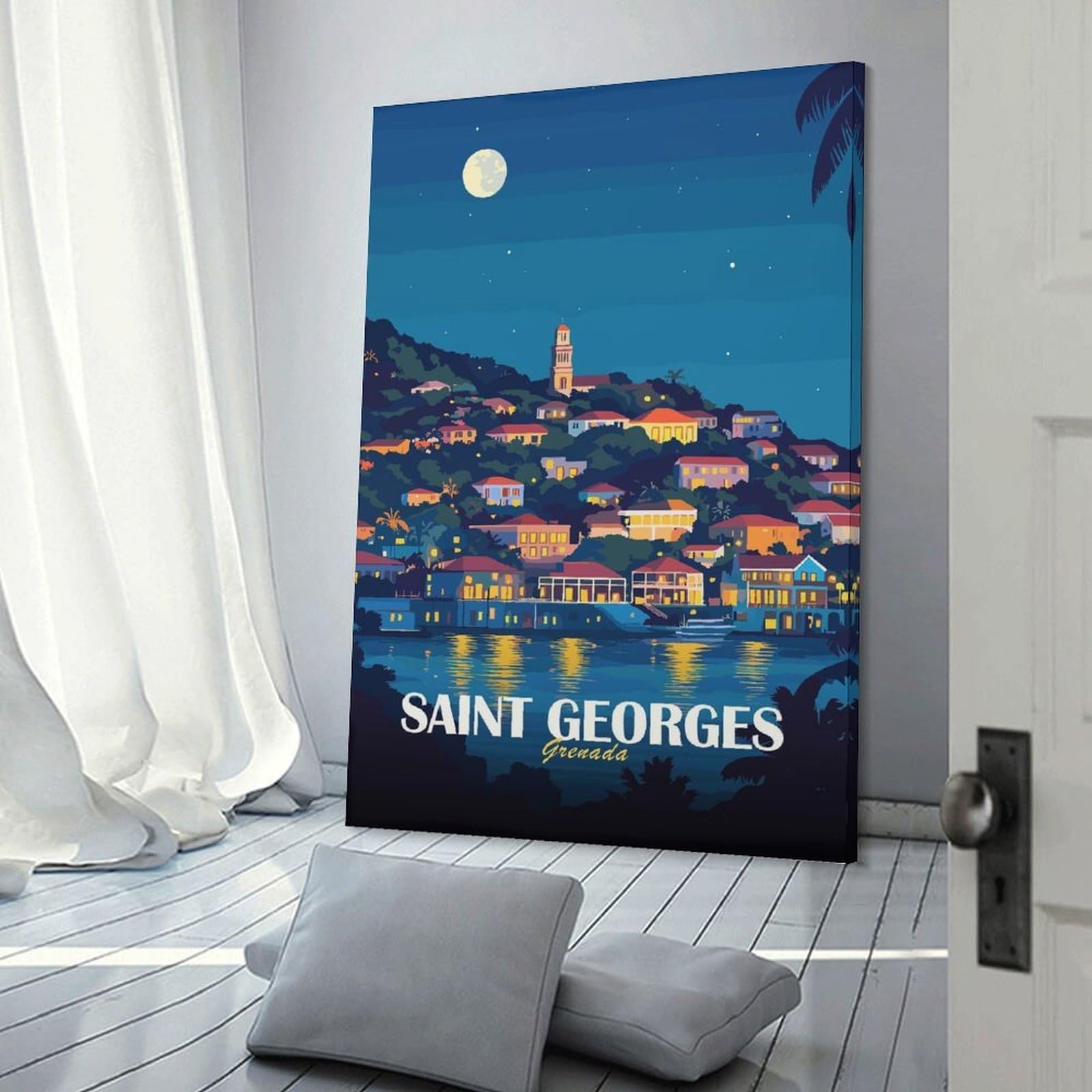 Junmoney Saint Georges, Grenada at Night Wall Decor Canvas Print 12x18inch(30x45cm), for Study, Office Or Apartment Decor, A Wall Art Gift for Fresh Interiors
