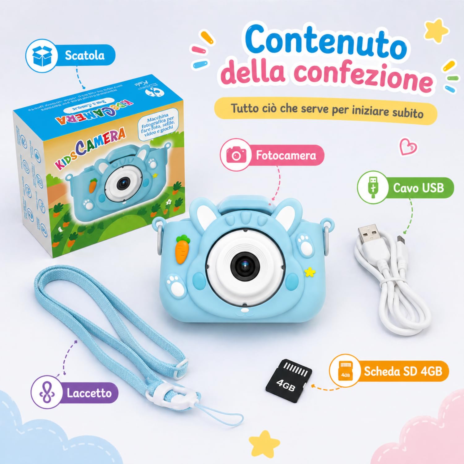 KidsCamera Bibi il Coniglio 2K – Macchina Fotografica Digitale per Bambini 3+ Anni con Memory Card 4GB Inclusa, Foto, Video, Giochi e Filtri – Prima Fotocamera Regalo Compleanno Bambina