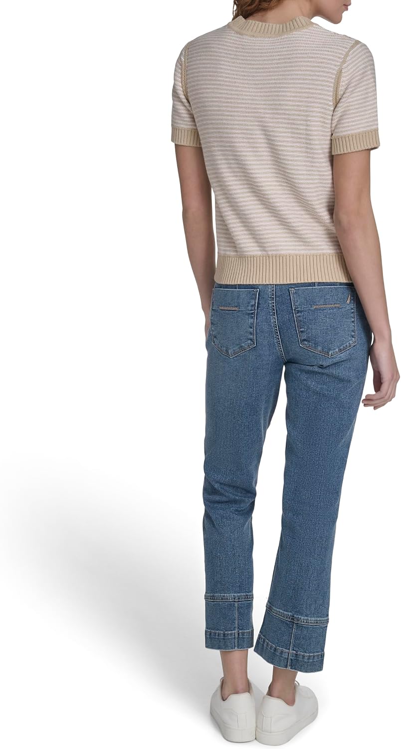 Nautica Women's Short Sleeve Striped Pullover Sweater with Tipping
