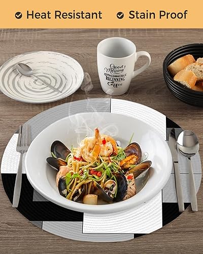 Miniatura 6 de Juego de 6 manteles individuales redondos para mesa de comedor, diseño geométrico moderno, abstracto, lavable, tejido, negro, blanco, gris,