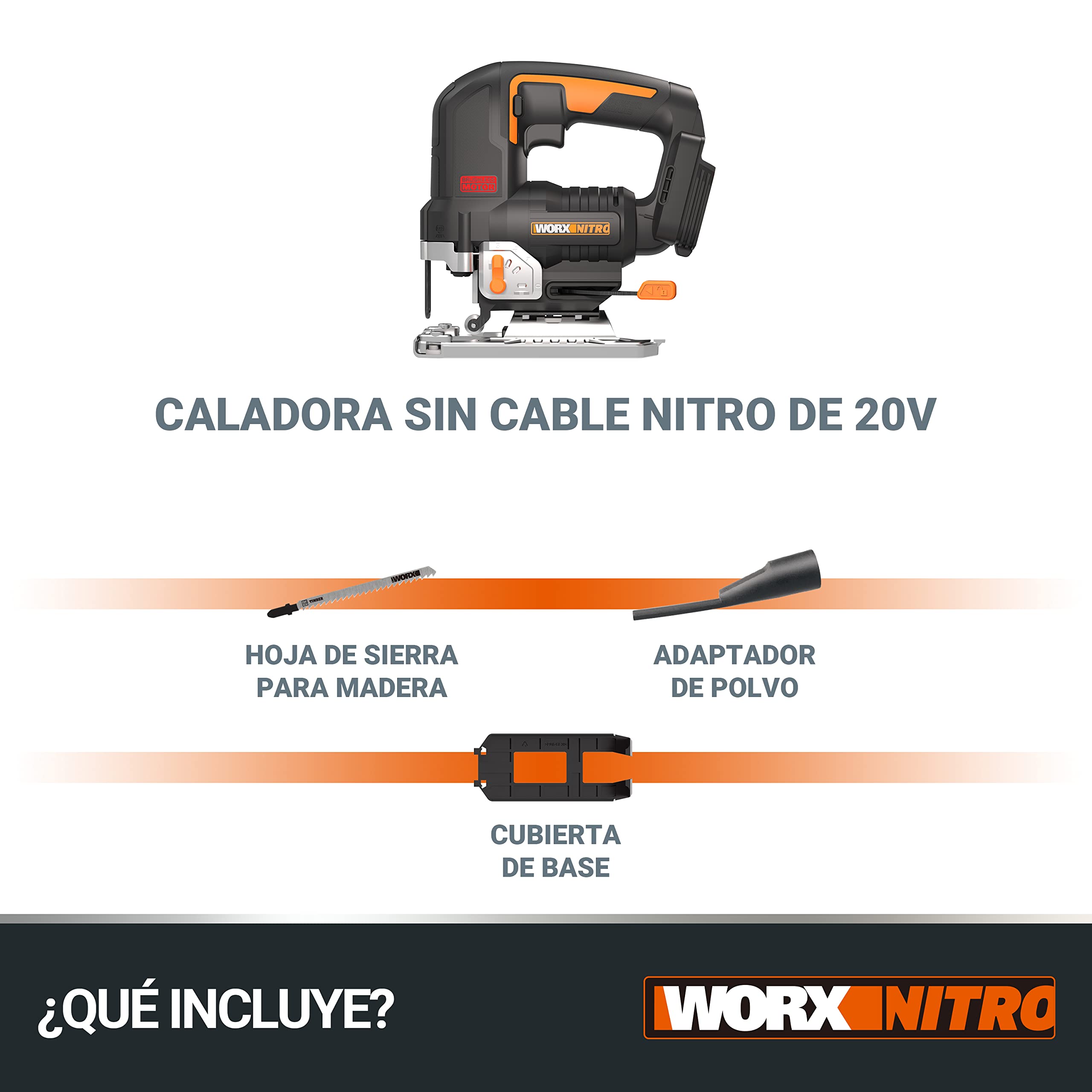 WORX Sierra de calar 20V | Power Share | WX542.9 Potente motor sin escobillas | 3 posiciones, penduleo y tubo de aspiración | sin batería ni cargador | Caja de cartón