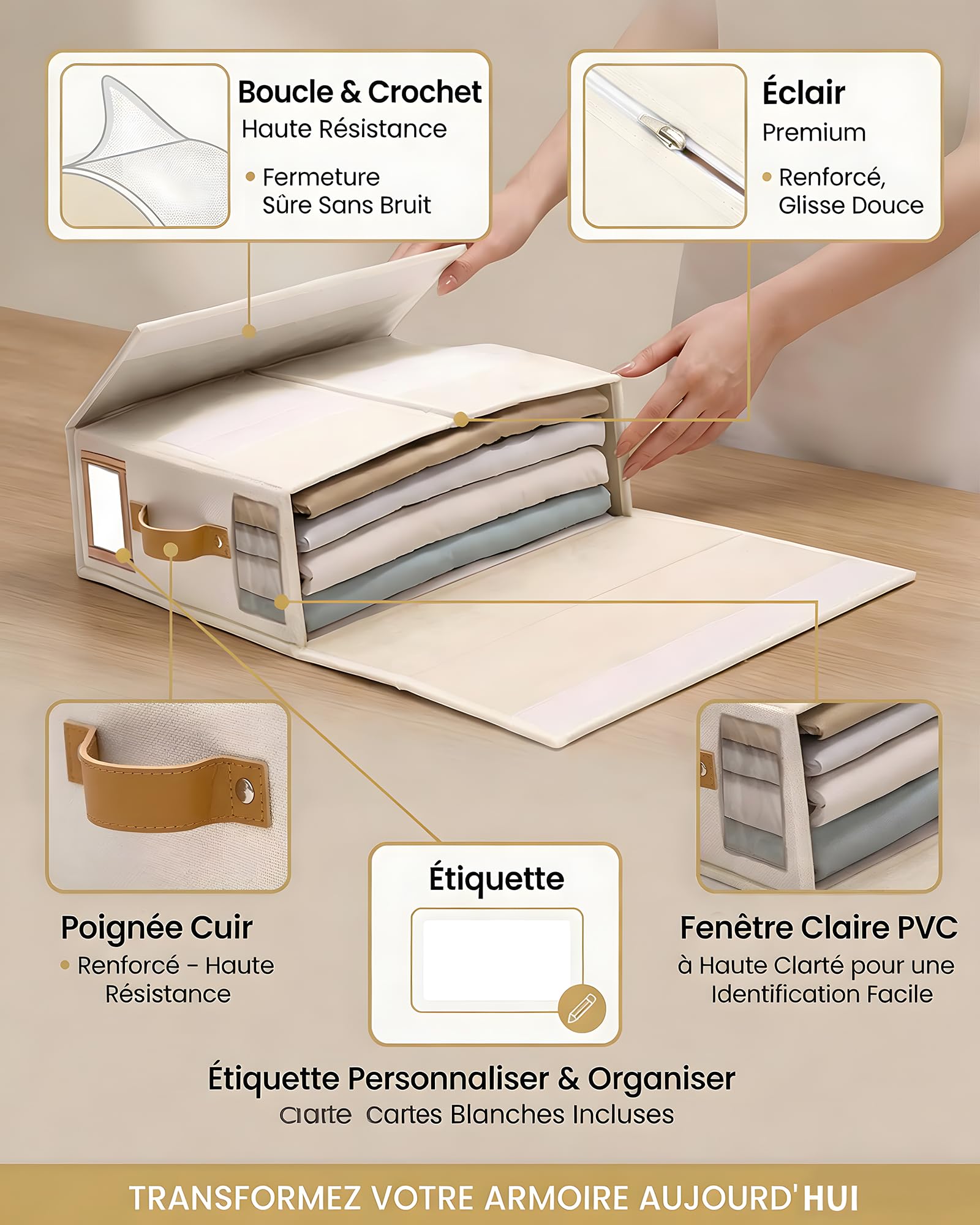 SwartLife Lot de 6 Rangement Drap de Lit en Lin - Organisateur de Linge de Maison Pliable pour Draps King Size & Couettes - Boîte de Rangement Armoire avec Fenêtre & Étiquette - Ivoire