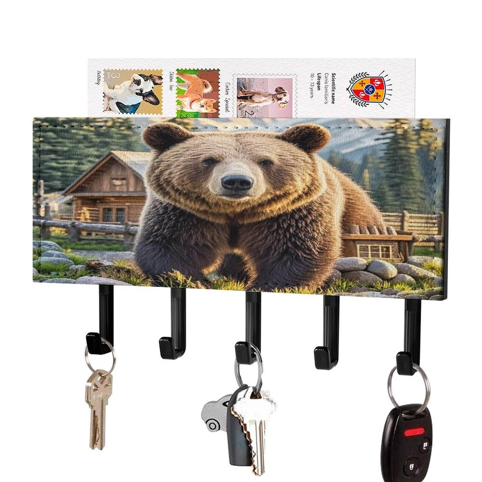 Fekiloot Black-Style Rustic Lodge Bear Key Holder Wall Mount Key Hooks For Wall Decorative With 5 Hooks Pu Mail Rack Organizer With Shelf For Entryway Mudroom Hallway Office 7.1X4.3 In