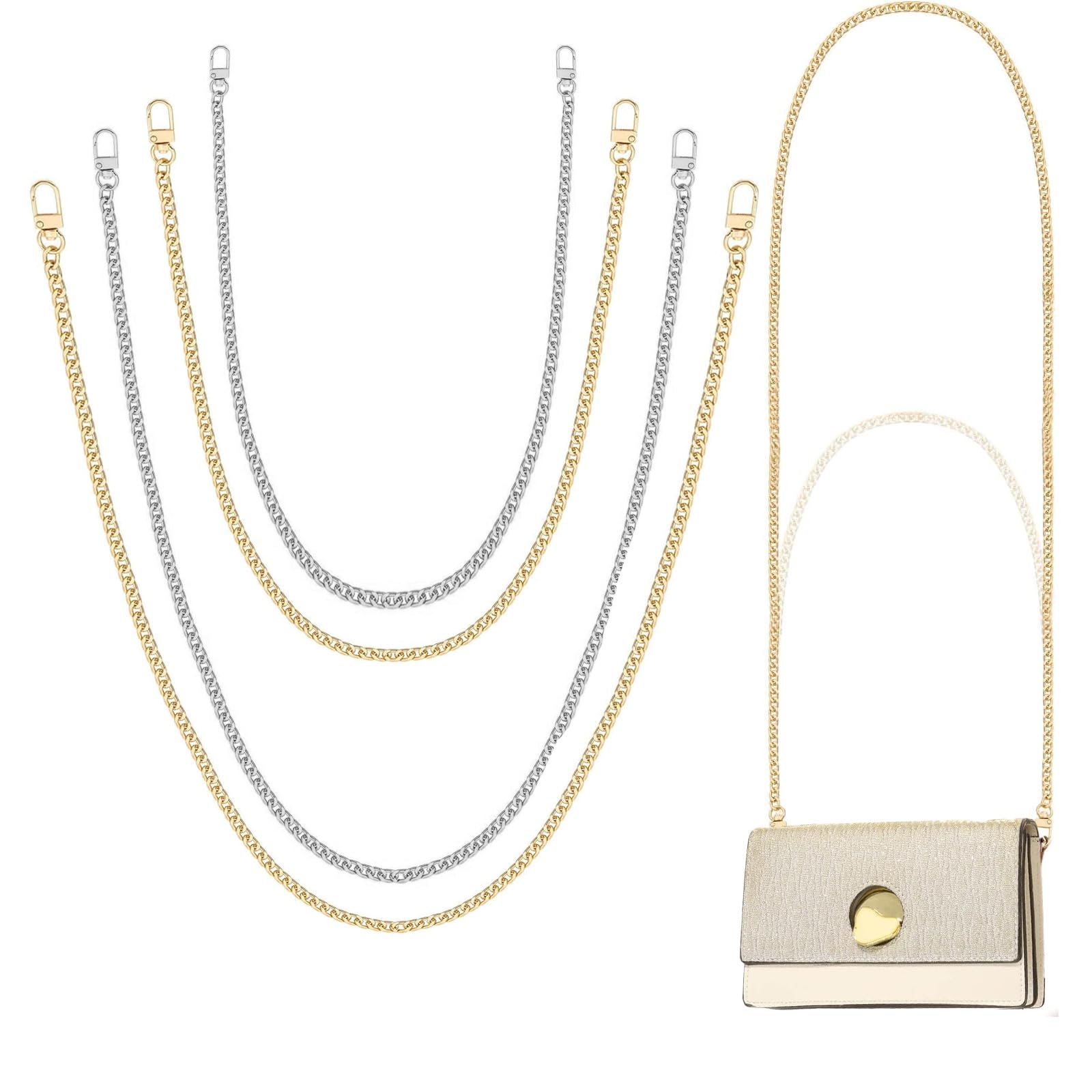 XhjzgcTech 4 Pcs Silver Gold Purse Chain Straps, Flat Metal Purse Chains for Handbags Shoulder Crossbody Strap Chains, Bag Accessories, 23.62 Inch/