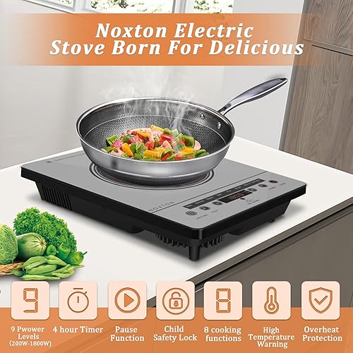 Miniatura 2 de Noxton Estufa eléctrica portátil de 110 V, 1800 W, estufa eléctrica de un solo quemador, placa de cocción eléctrica, temporizador de 4 horas, 9