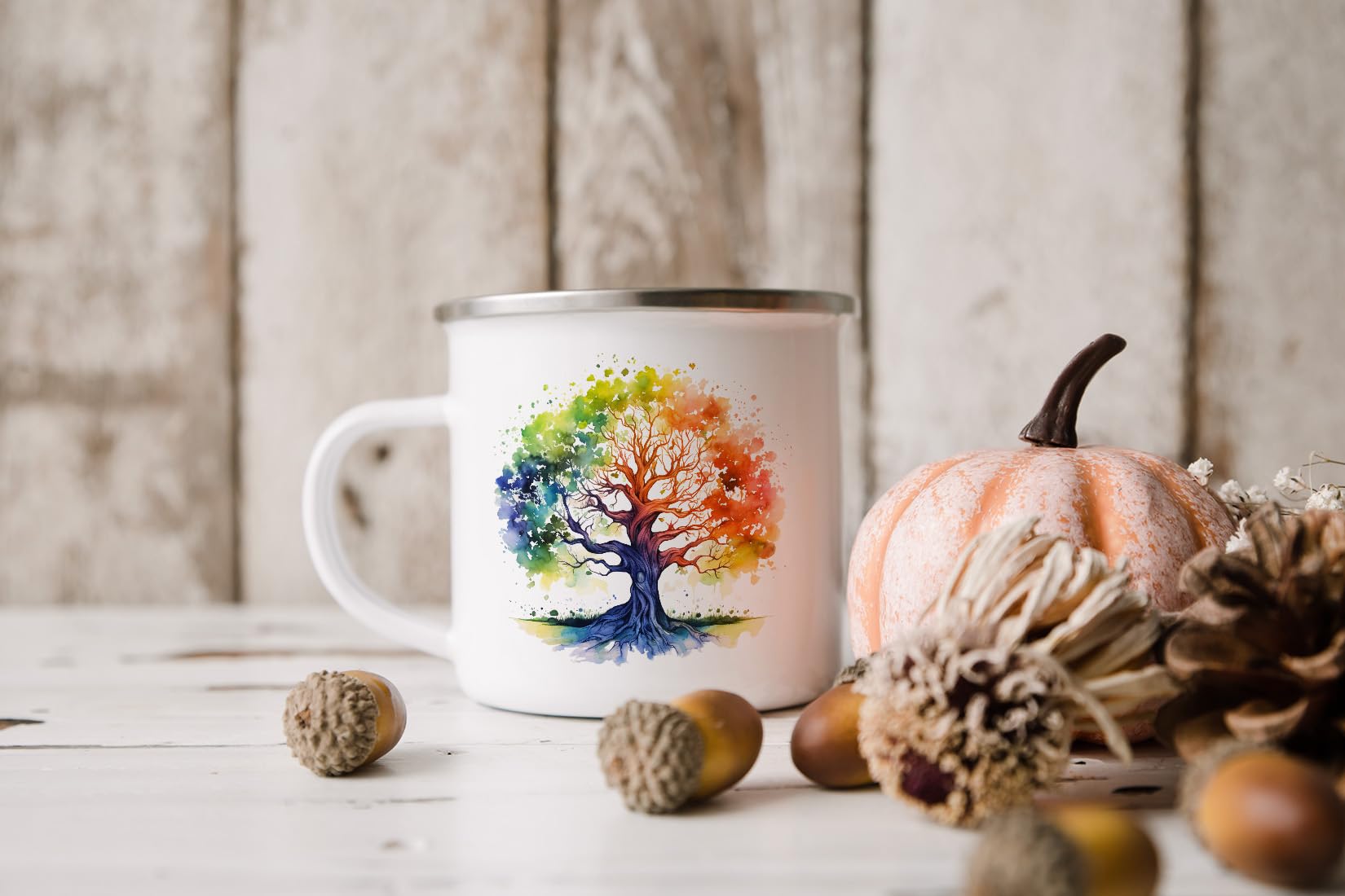 MAXIKIWI - Tazza da campeggio smaltata resistente per caffè o tè per uso interno ed esterno - Albero dei sogni ad acquerello - 350 ml