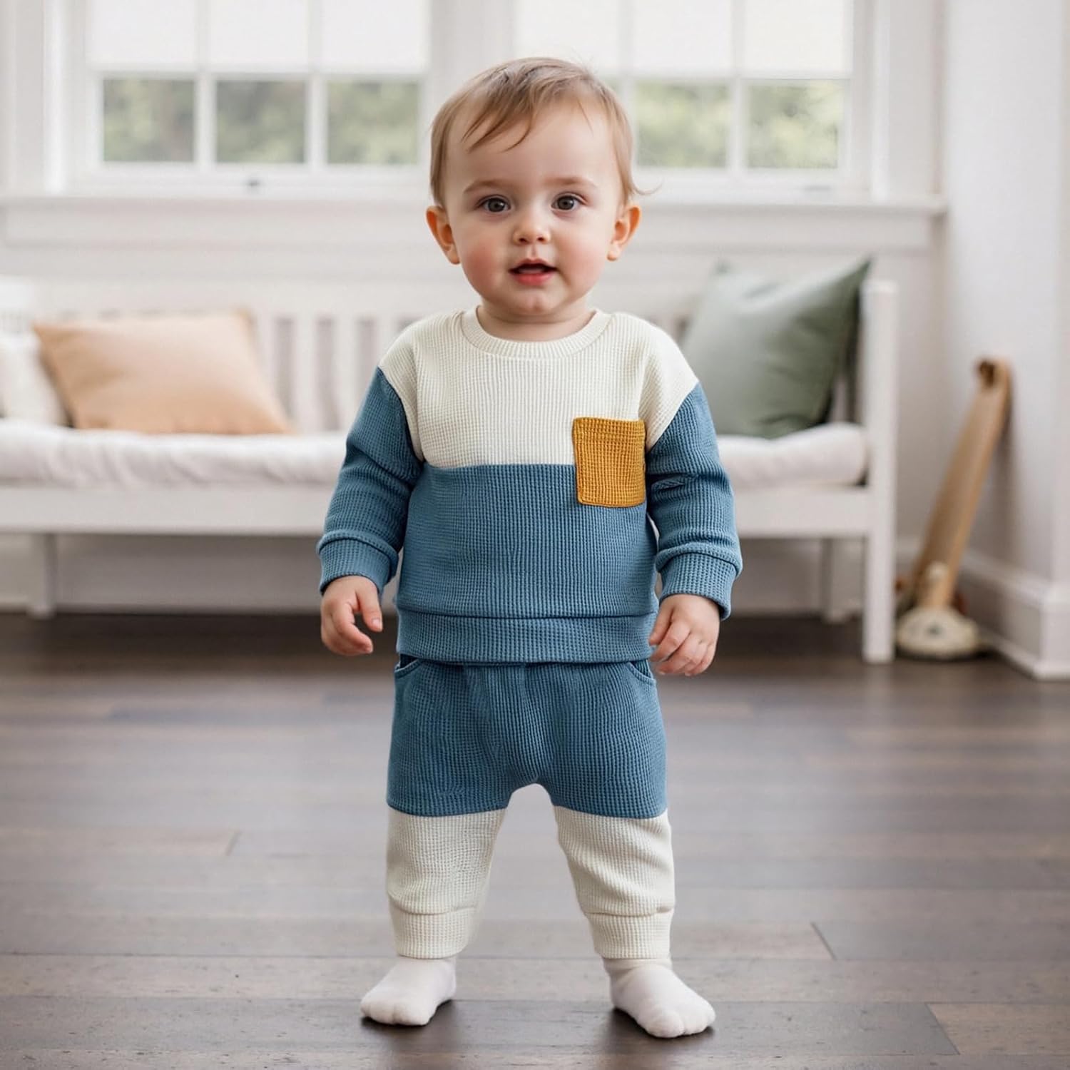 Kupretty Toddler Baby Boy Fall Winter Clothes Color Block Waffle Outfit Sweatshirt Pullovers + Pants Set 6 12 18 24 Months - Image 2