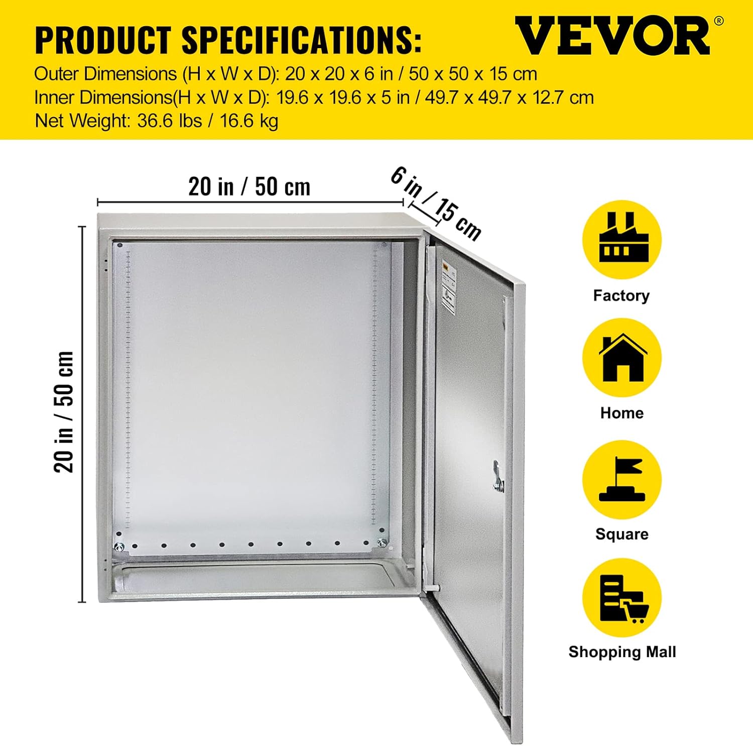 VEVOR Electrical Enclosure, 20'' x 20'' x 6'', NEMA 4 Outdoor Enclosure, IP65 Waterproof & Dustproof Cold-Rolled Carbon Steel Hinged Junction Box for Outdoor Indoor Use, with Rain Hood