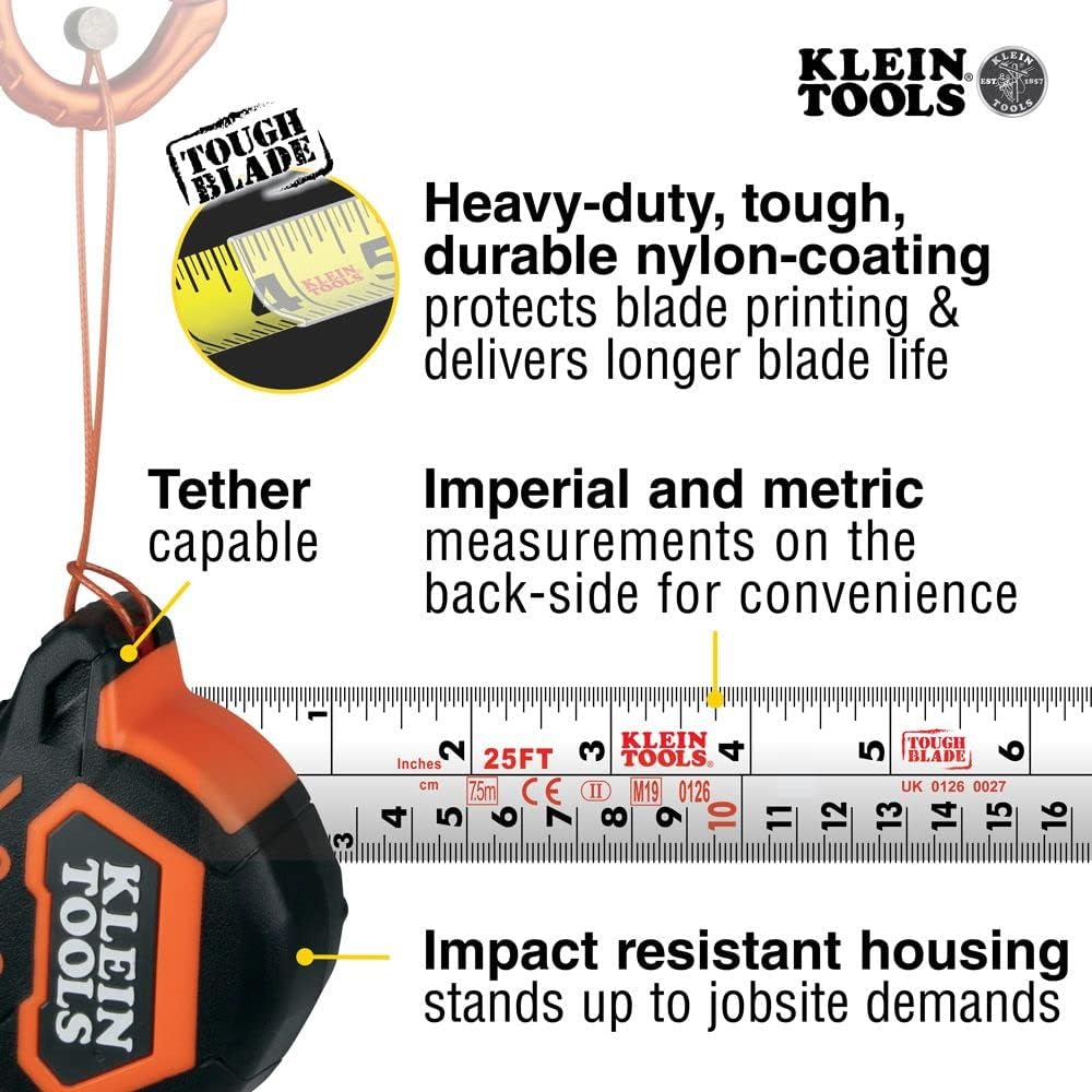 Klein Tools 9375 Tape Measure, Heavy-Duty Measuring Tape with 7.5 m Metric Double-Hook Double-Sided Nylon Reinforced Blade, Metal Belt Clip