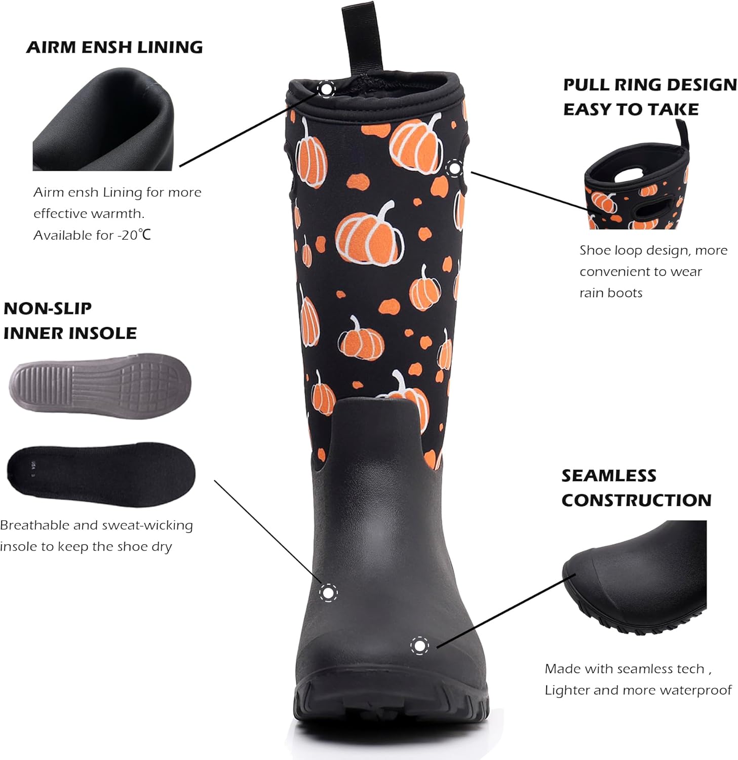 WTW Women's Rubber Rain Boots 100% Waterproof Insulated Neoprene Garden Mud Boots Outdoor Hunting Snow Boots for Women