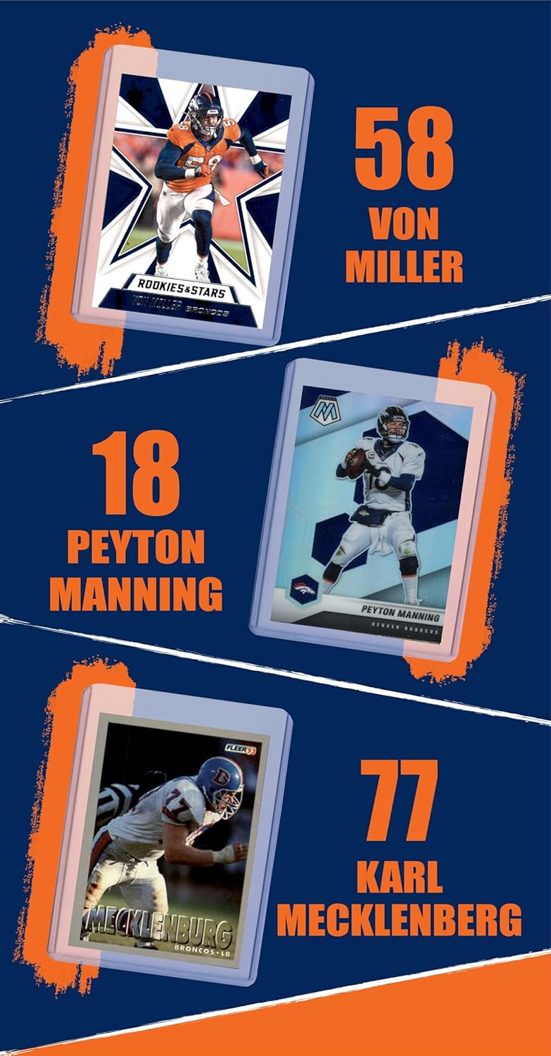 Denver Broncos Football Legends Cards: John Elway, Rod Smith, Shannon Sharpe, Demaryius Thomas, Terrell Davis, Champ Bailey, Von Miller, Peyton Manning, Karl Mecklenburg (9) Assorted GOAT Card Hall of Fame Gift Pack
