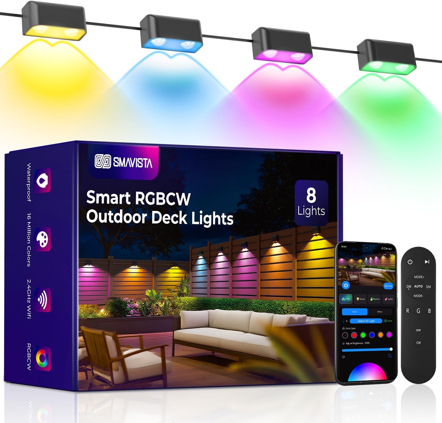 Outdoor Deck Lights 8 Packs, Smart RGBCW Fence Light, 100+ Scene Modes, Dual Lens LED String Lights with APP/Voice/Remote Control, IP65 Waterproof for Halloween Christmas Decor, 52ft Black