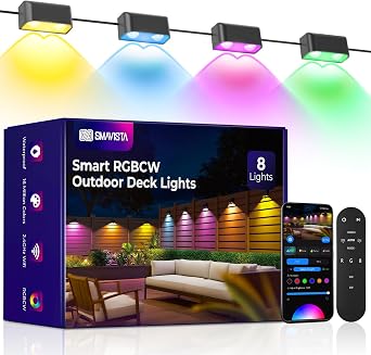Outdoor Deck Lights 8 Packs, Smart RGBCW Fence Light, 100+ Scene Modes, Dual Lens LED String Lights with APP/Voice/Remote Control, IP65 Waterproof for Halloween Christmas Decor, 52ft Black