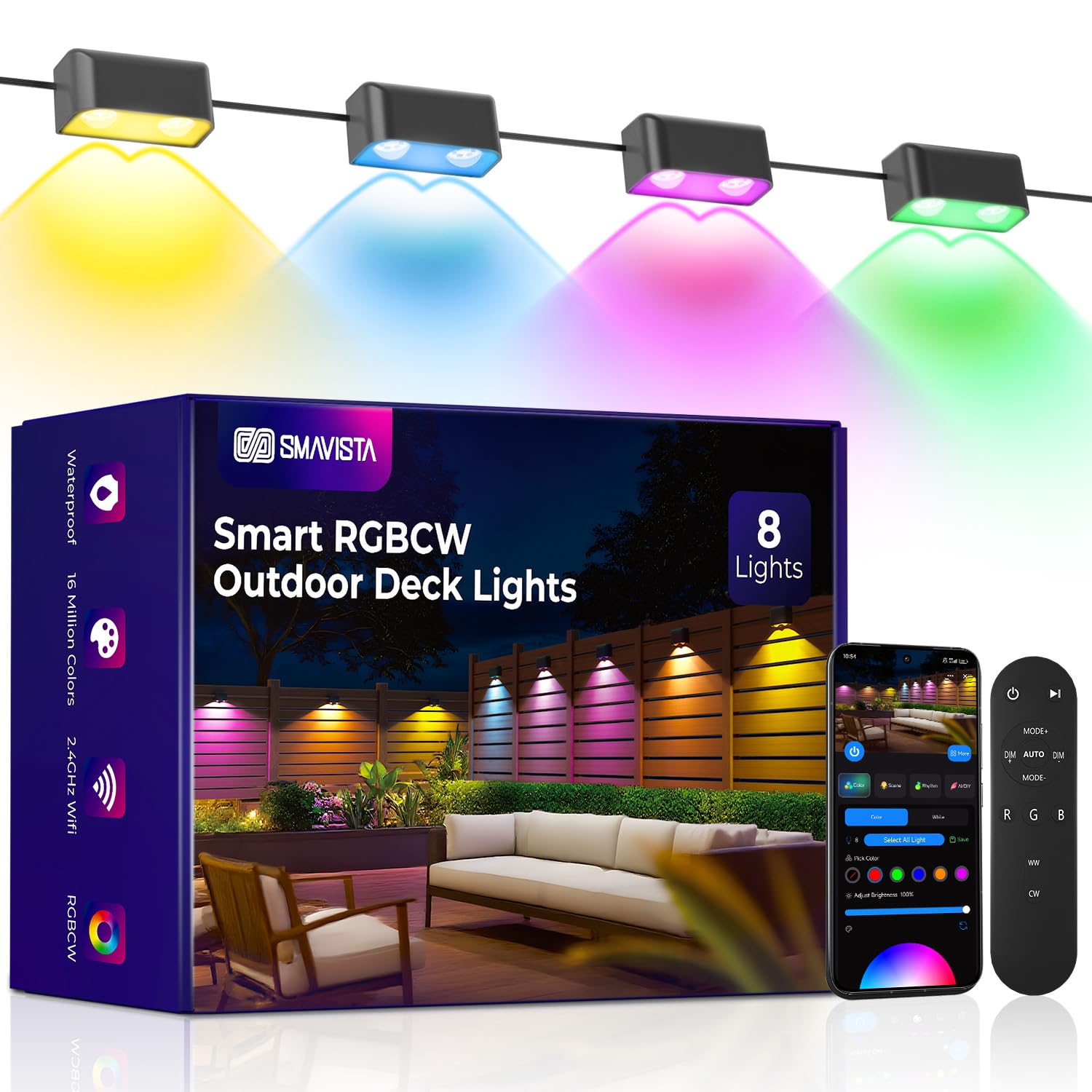 Outdoor Deck Lights 8 Packs, Smart RGBCW Fence Light, 100+ Scene Modes, Dual Lens LED String Lights with APP/Voice/Remote Control, IP65 Waterproof for Halloween Christmas Decor, 52ft Black