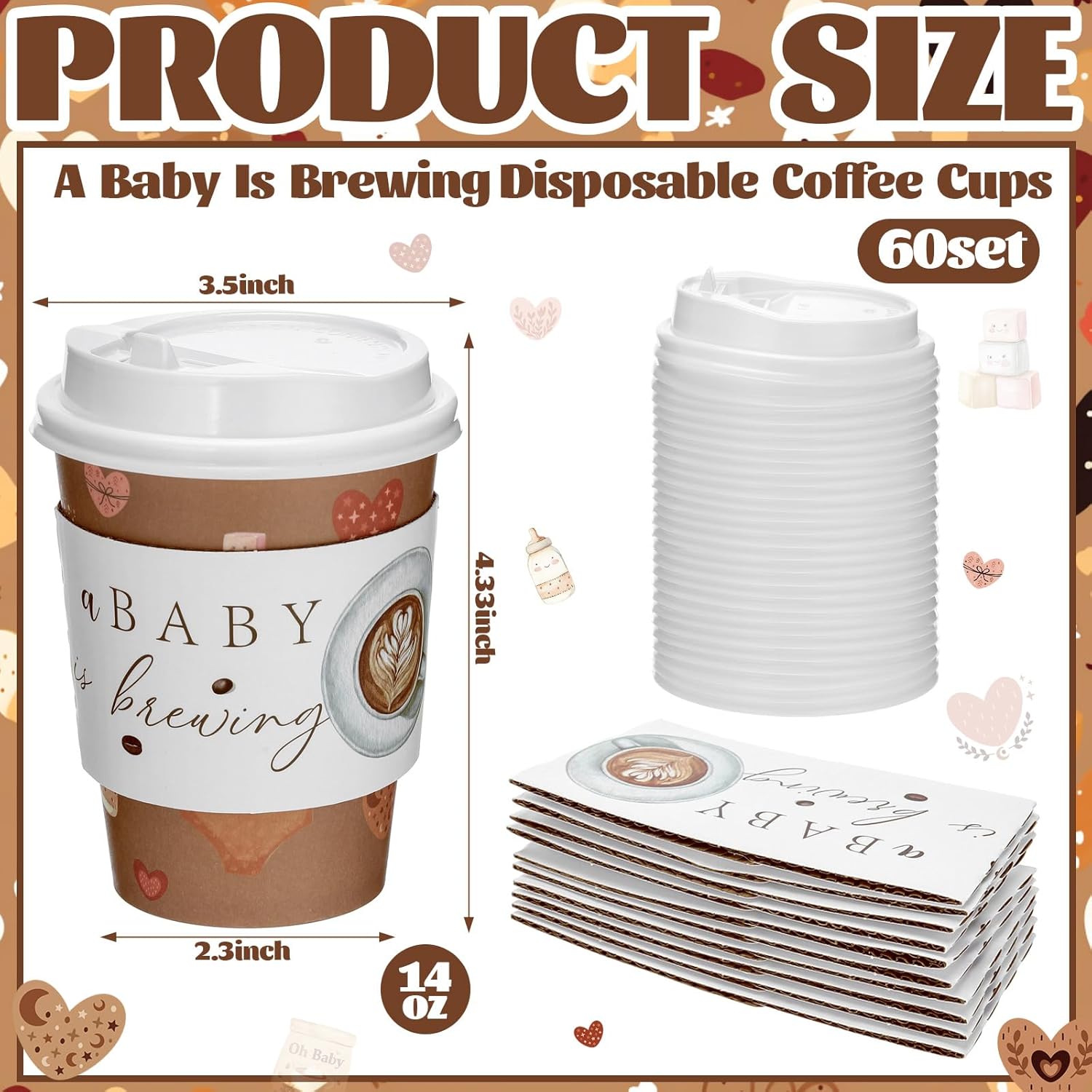 Vesici 60 Pcs 14oz A Baby Is Brewing Coffee Cups Baby Shower Decorations Disposable Coffee Cups with Lids and Sleeves Coffees Bean Theme Paper Cup Favors for Hot Cold Drink Party Supplies