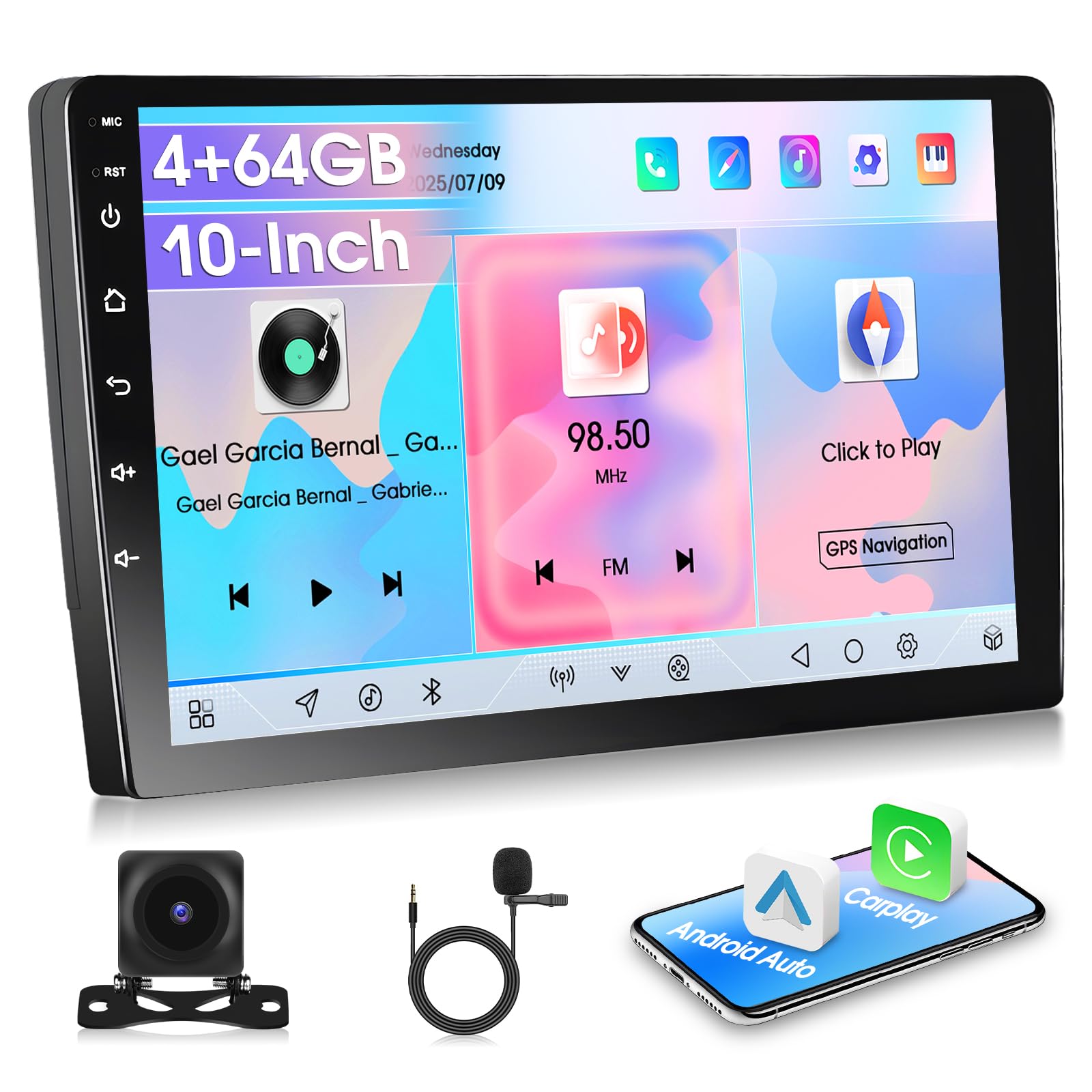 Autoradio Motorsi 8 Cœurs Android 1,8 GHz iOS CarPlay 2 DIN 4 + 64 Go écran Tactile IPS 10 Pouces Radio Stéréo avec GPS/Bluetooth 5.1/DSP Prise en Charge Dab+, AHD Caméra de Recul, Microphone