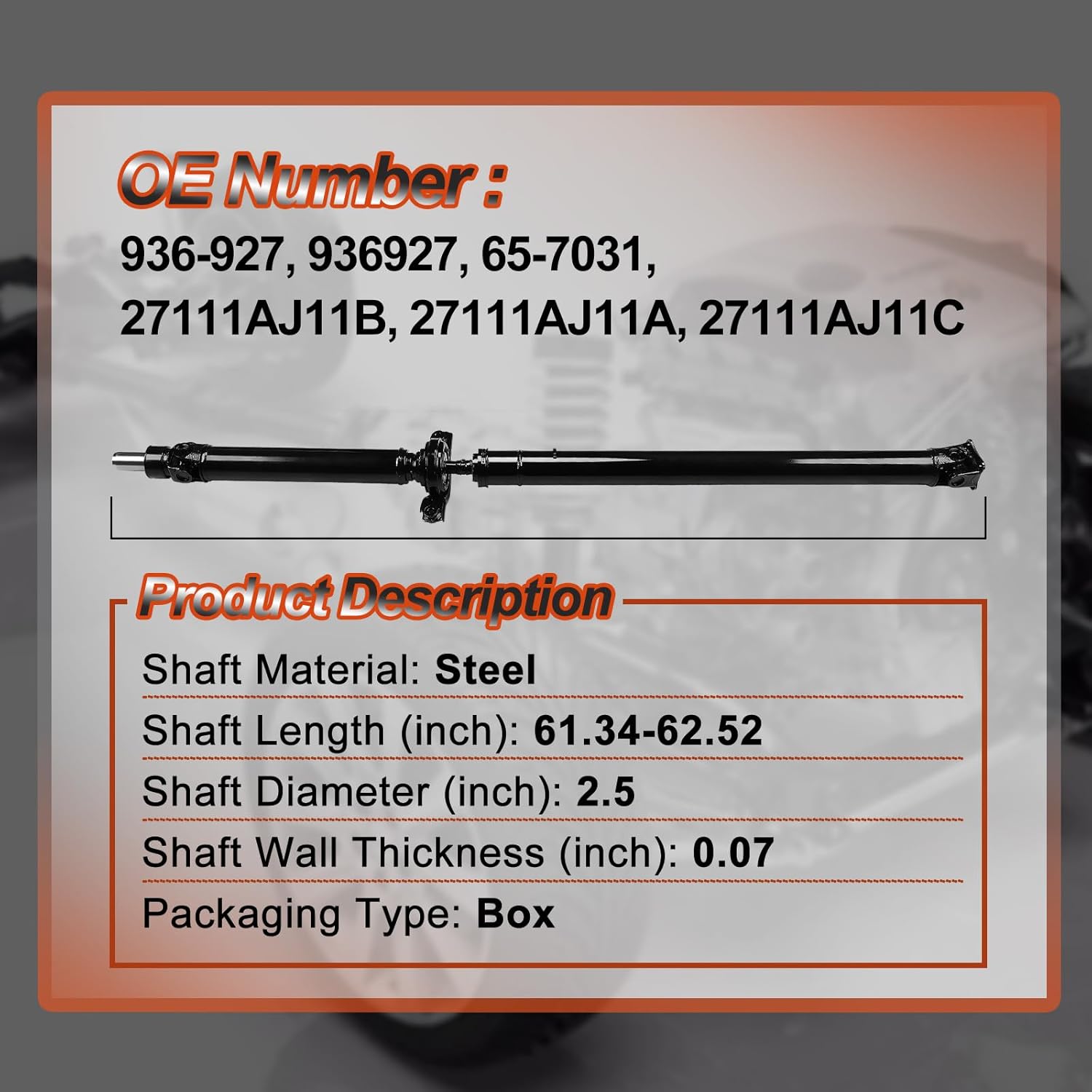 61.34'' - 62.52'' Rear Complete Drive Shaft Prop Shaft Driveshaft Assembly [Automatic CVT Transmission] Fit for Subaru Outback 2010 2011 2012 2.5L, OE 27111AJ11B, 27111AJ11A