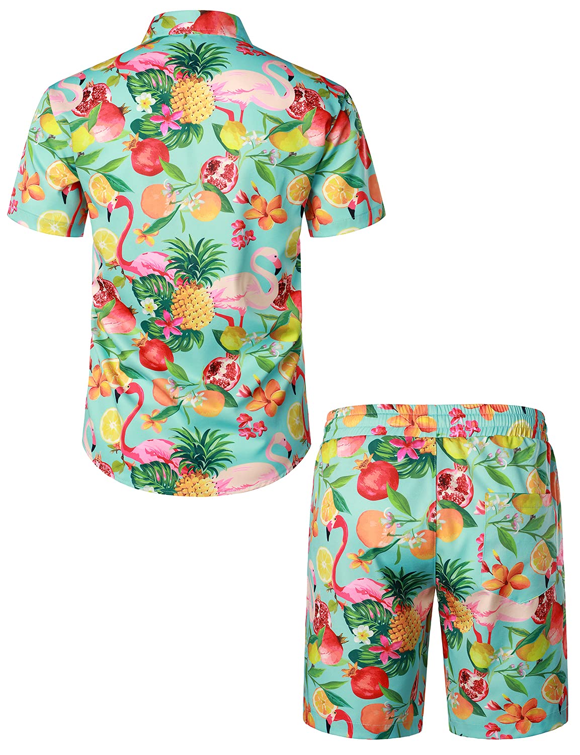 JOGAL Camicia hawaiana da uomo con fenicottero, a maniche corte e pantaloni corti, set da spiaggia