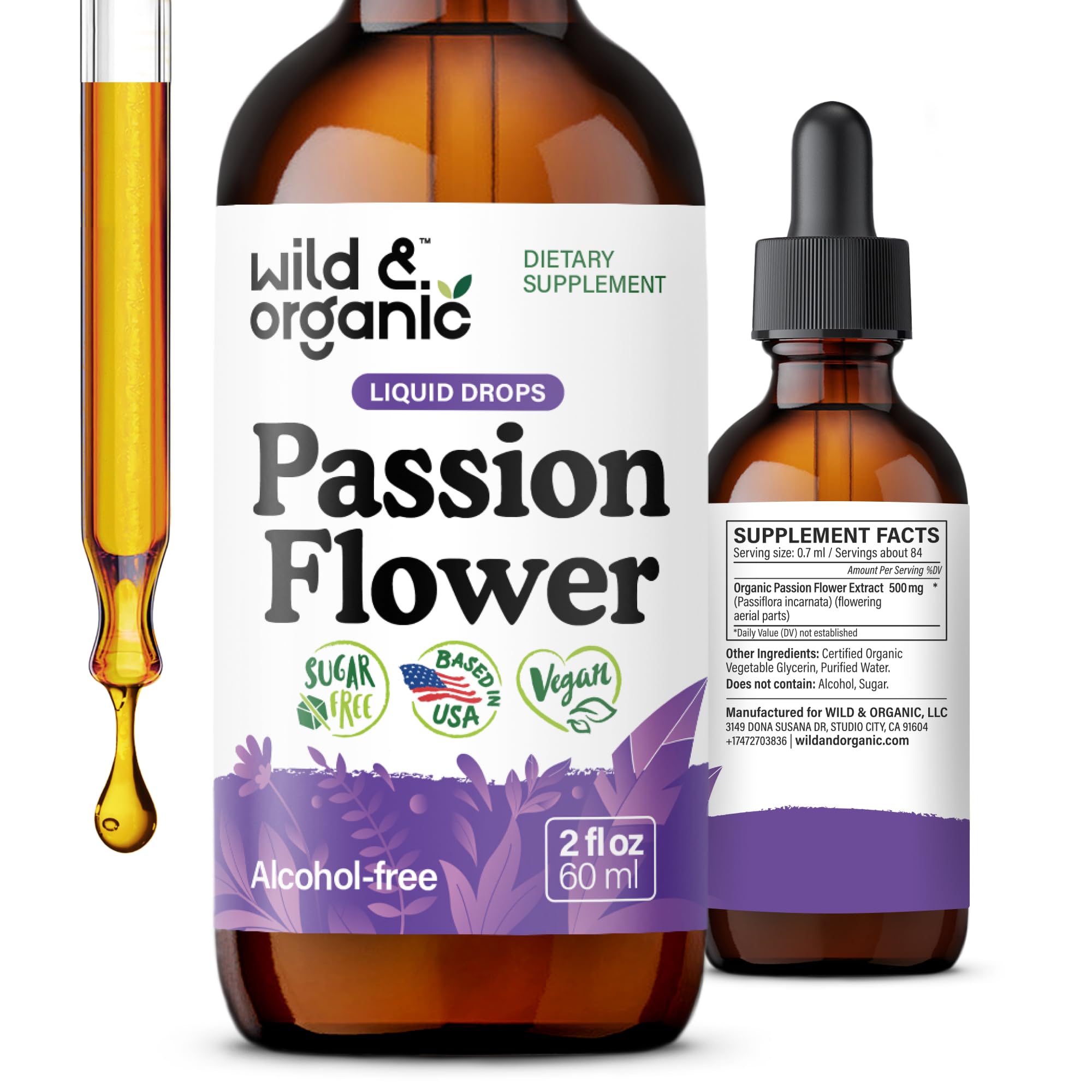 Wild & Organic Passionflower Tincture - Relaxing Passion Flower Drops for Women - Liquid Passiflora Incarnata Herb - Vegan, Sugar & Alcohol-Free Extract Supplement - 2 fl oz
