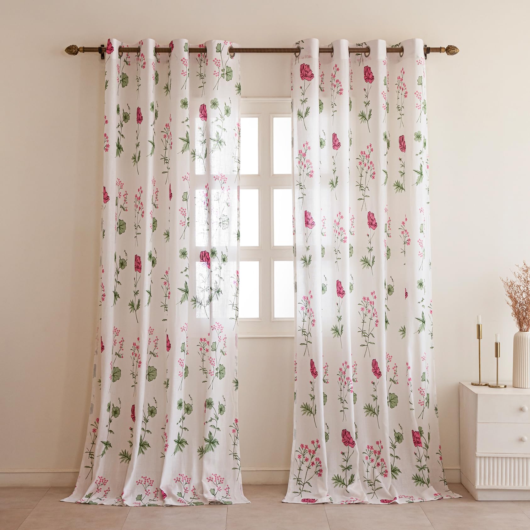 HOMEMONDE Cotton Sheer Curtains for Window Sun Light Filtering Linen Textured Curtain Set of 2, Pink Floral Printed, Hangs with Eyelets - (L 6FT x W 4.5FT)