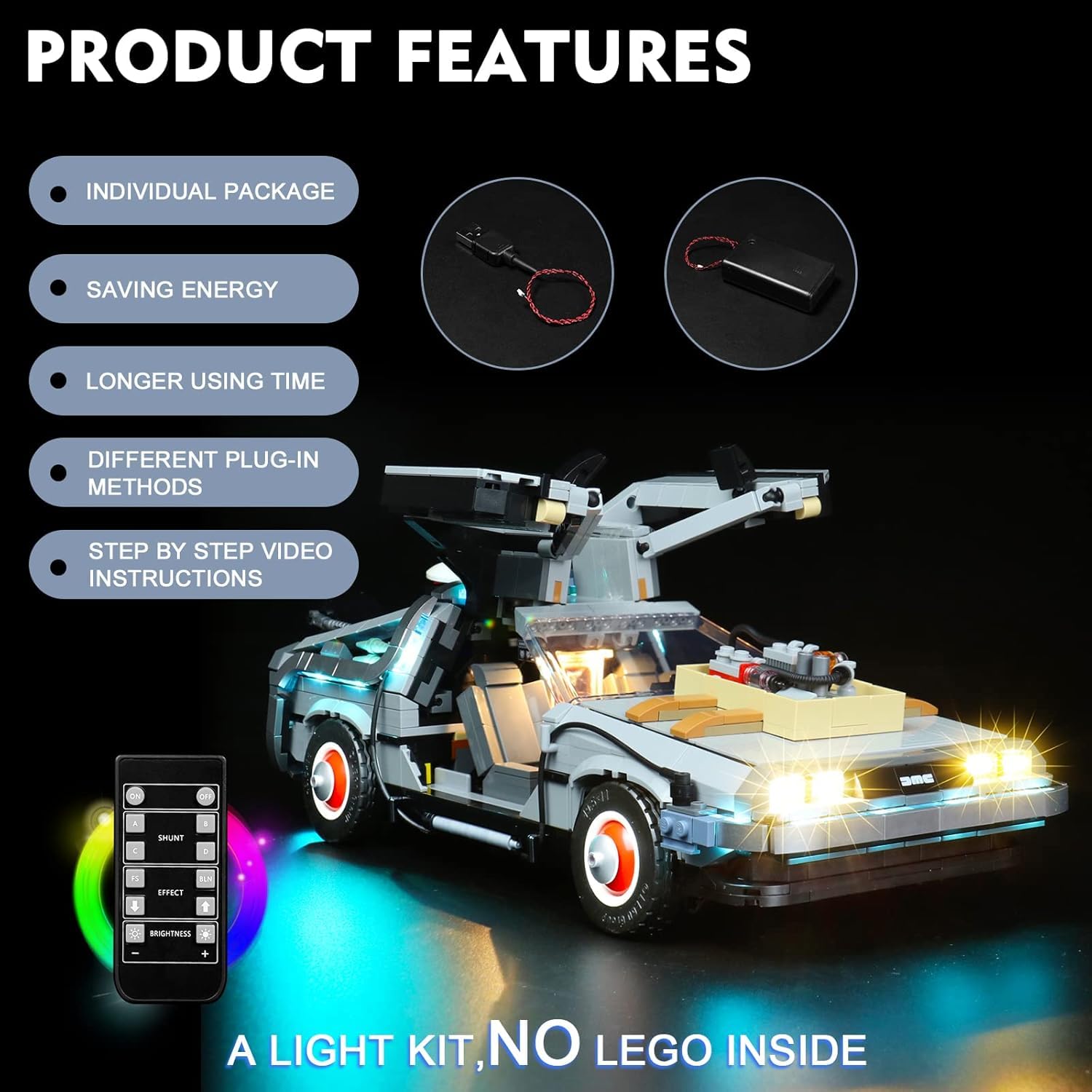Oświetlenie LED do Lego 10300 Back to the Future Time Machine Collectible Kit (nie jest to model), Brickbling DIY Lighting Kit z pilotem zdalnego sterowania do Back to the Future
