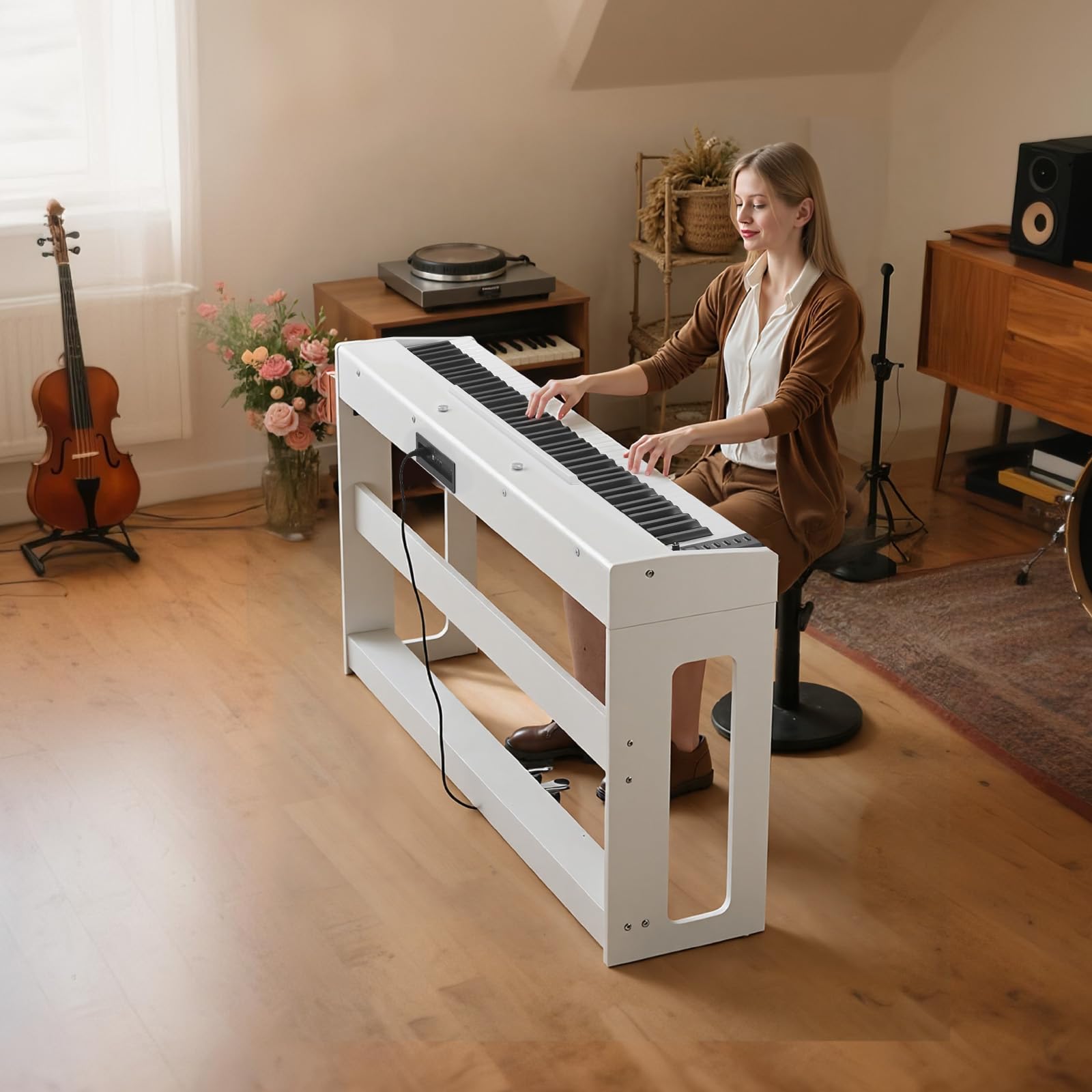 VEVOR Piano Digital 88 Teclas, Modo de Teclado Dual, Altavoces, con Atril, Soporte, Pedal de Sostenido, Adaptador CC, 280 Tonos, Conexión Inalámbrica, Principiantes, Blanco, 1310 x 300 x 850 mm