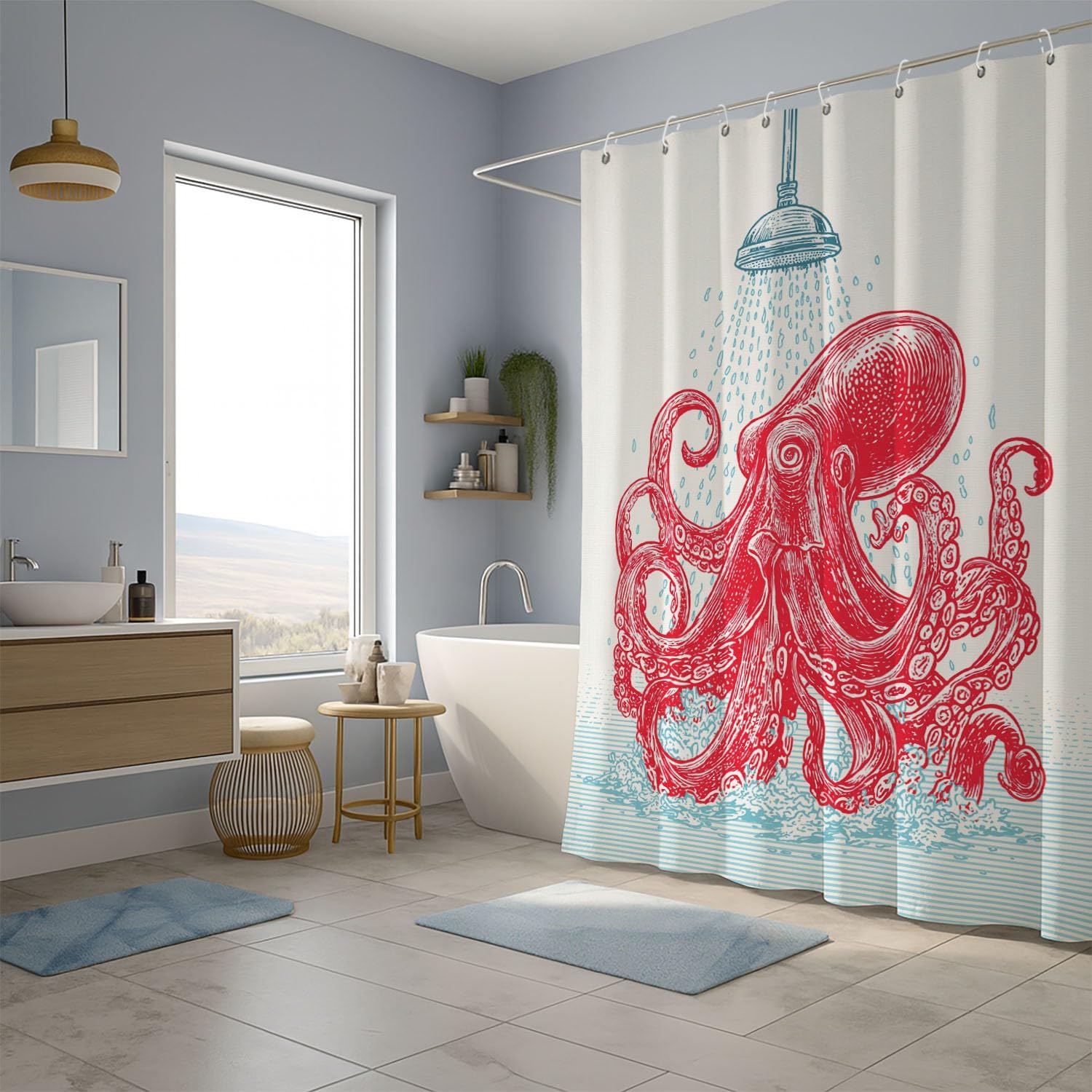 Generico Fantasia Tenda Da Doccia Minimalista Bagno Polpo Blu Rosso, Tenda Da Doccia Per Bagno, Vasca Da Bagno, Tenda In Poliestere Impermeabile Con Ganci In Plastica, 200 x 200 cm