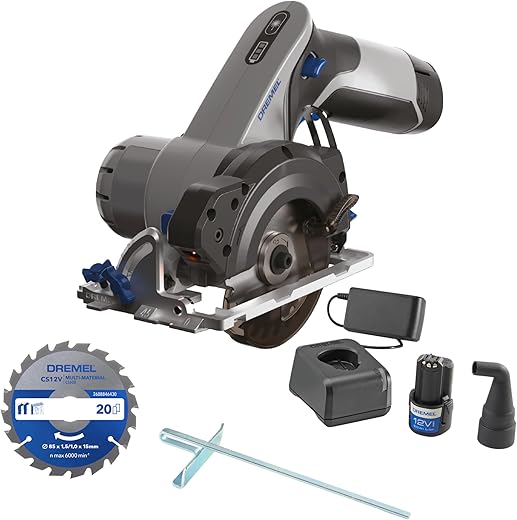 Dremel Blueprint 12V Cordless Compact Circular Saw Brushless with Laser Line Guide, Guide for Bevel Cuts, 1 Multi-Material Saw Blade, 1x 2.0 Ah Battery, Fast Charger