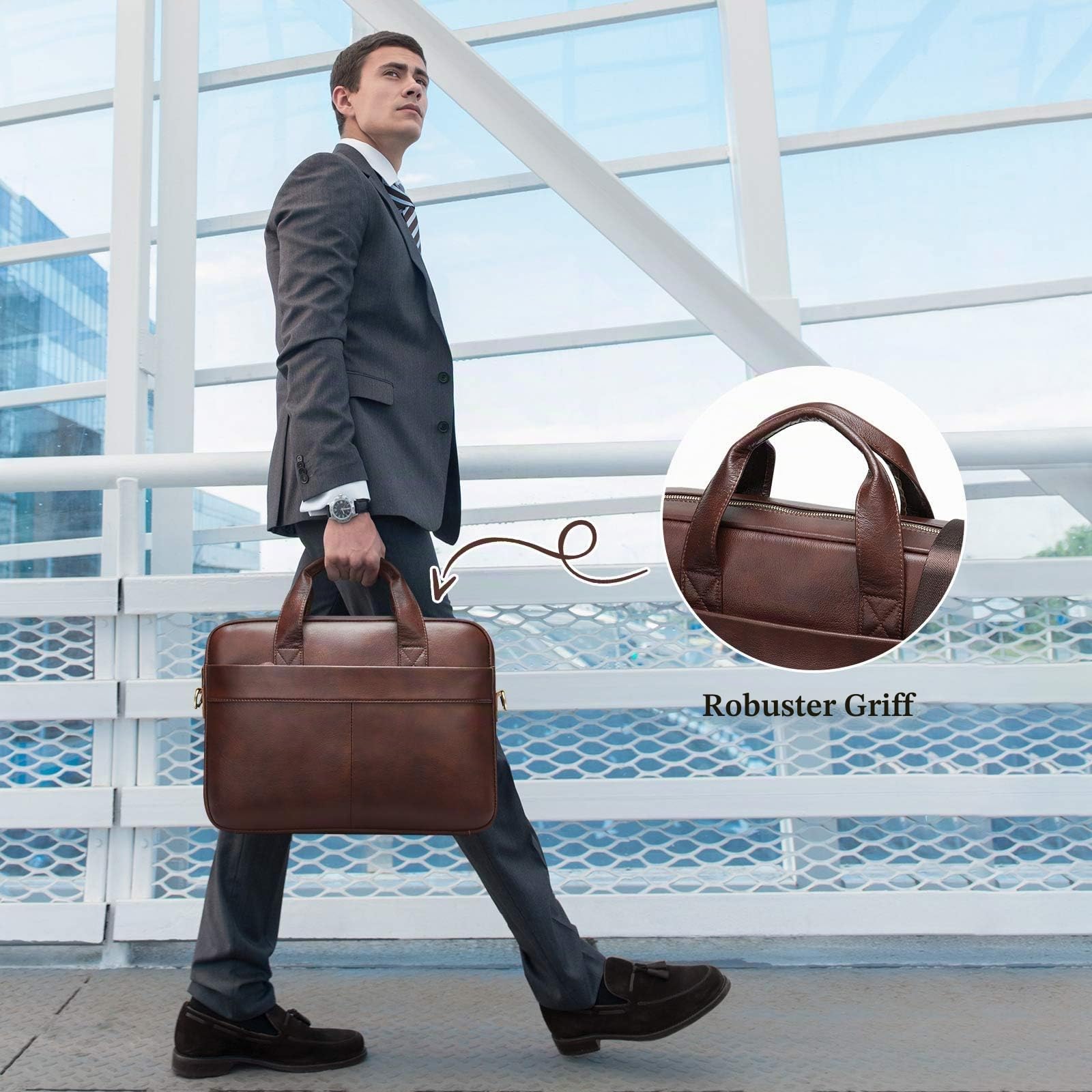 VINBAGGE Businesstasche Herren Echtleder Aktentasche Männer Handtasche Vintage Laptoptasche Arbeitstasche Damen Umhängetasche Schultertasche für 14 Zoll Notebook