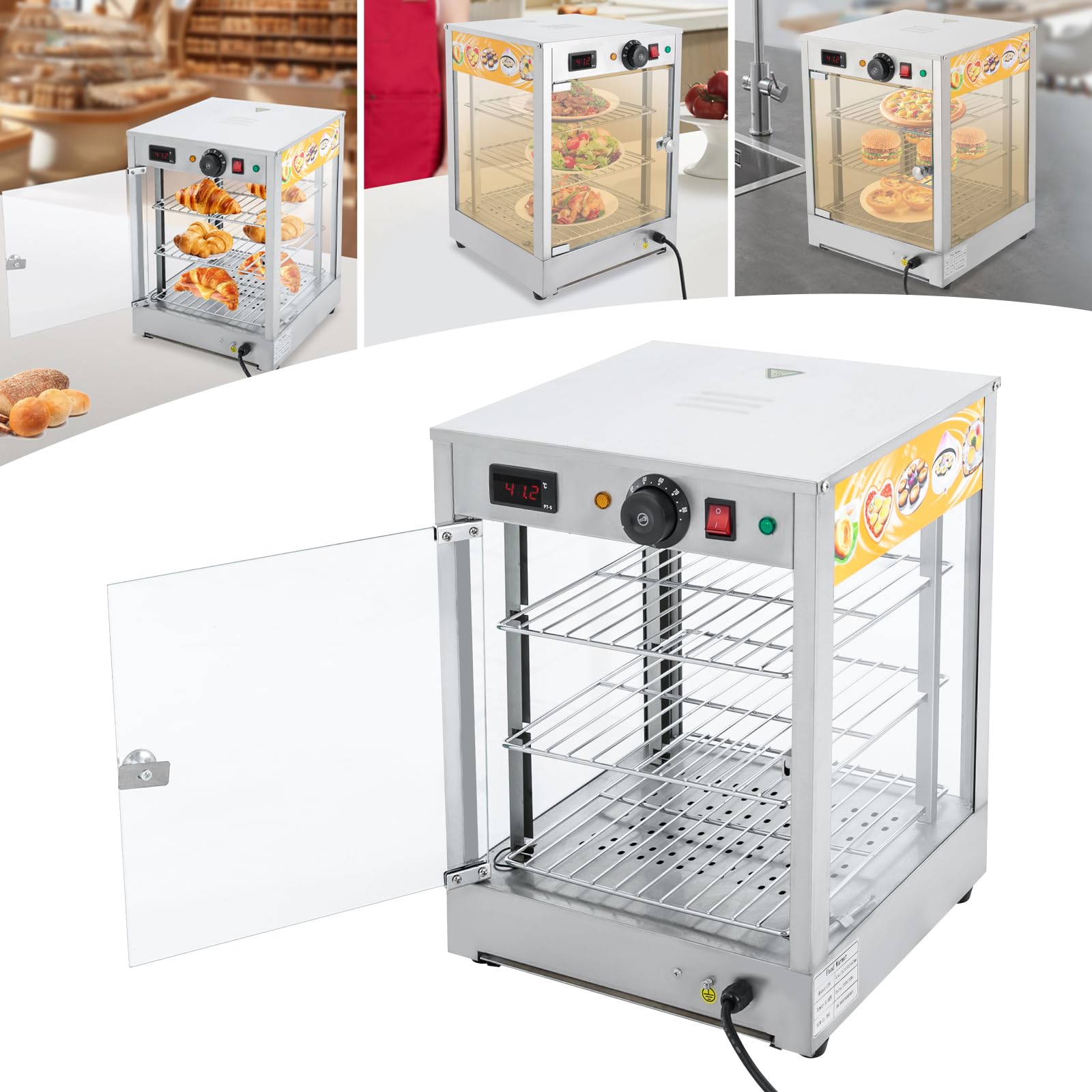 800W Electric Comercial Found,Estantes desmontables de 3 pisos,Temperatura 86-185 ° F,Modo termostato,Iluminación Refrigeración y humidificación Plata 201 Acero inoxidable Vidrio Caucho Pizza Pastel