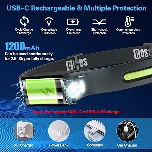 Miniatura 5 de COSOOS Linterna frontal recargable, lámpara de cabeza LED brillante, reflector de 1000 lúmenes y luz puntual, sensor de movimiento, linterna ligera