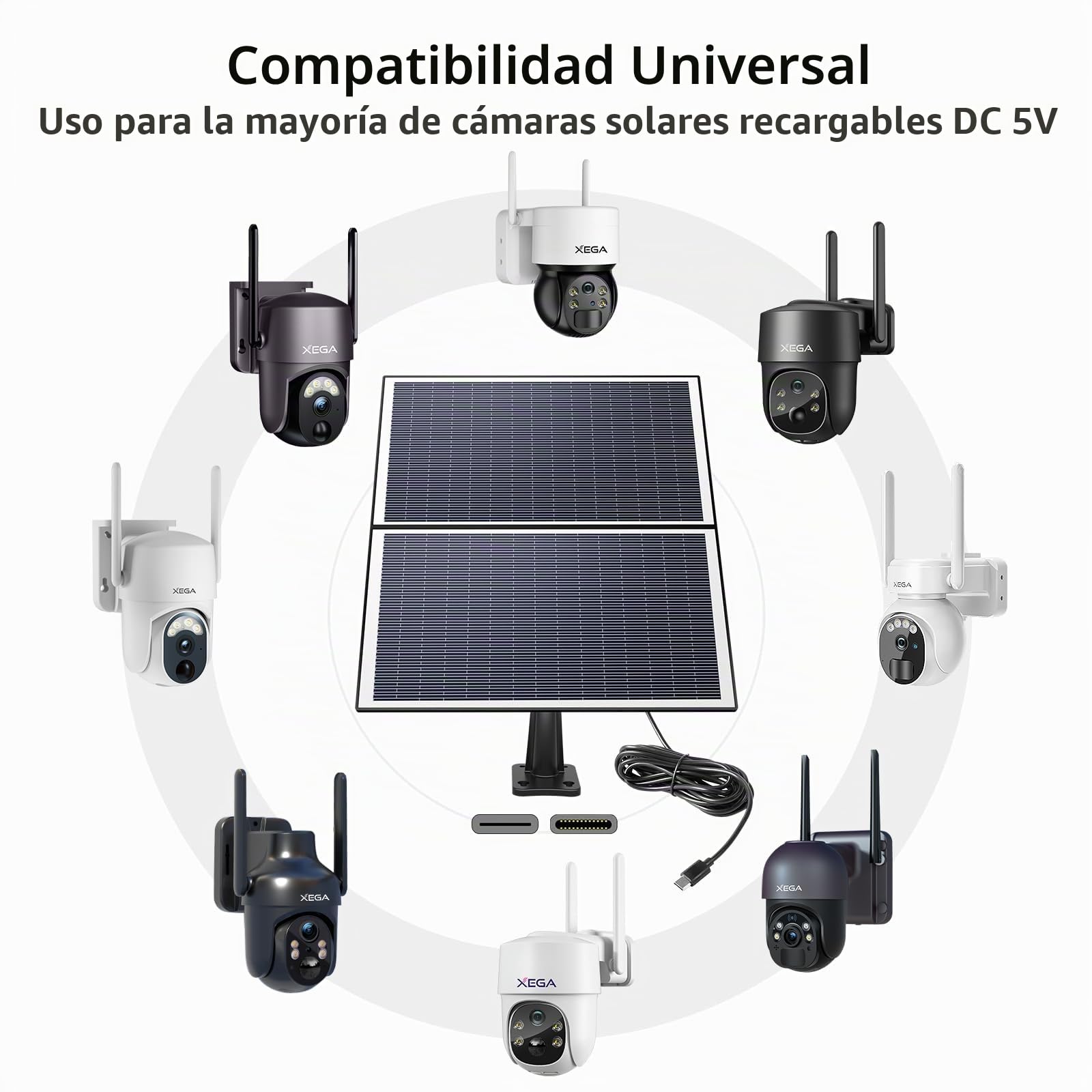 Xega 20W Panel Solar para la Cámara de Vigilancia al Aire Libre de la Batería, Interfaz de Tipo C, 3 metros Cable Cnnection, Negro