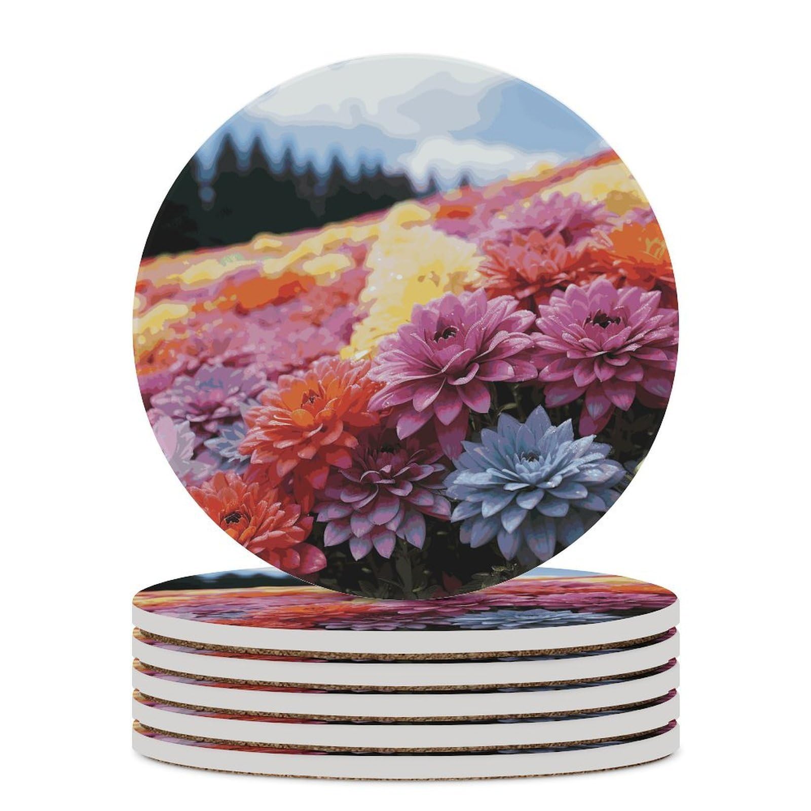 Rainbow Flower Sea Coaster with Cork Base Drink Coasters for Coffee Table Decor Modern Cup Coasters with Non-Slip & Heat-Resistant Cute Ceramic Table Coaster for Home Dining