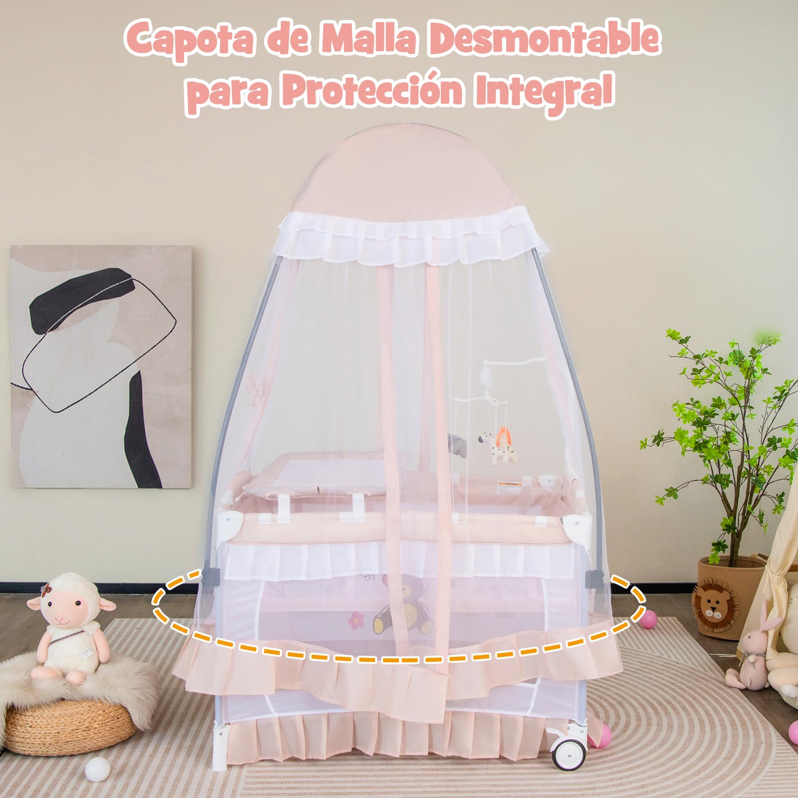 COSTWAY 4 en 1 Cuna Portátil, Moisés Convertible con Cambiador Desmontable, Cama Cuna Plegable con Red Desmontable y Ruedas Bloqueables, Caja de Música y Juguetes Giratorios,Bolsa de Transporte (Rosa)