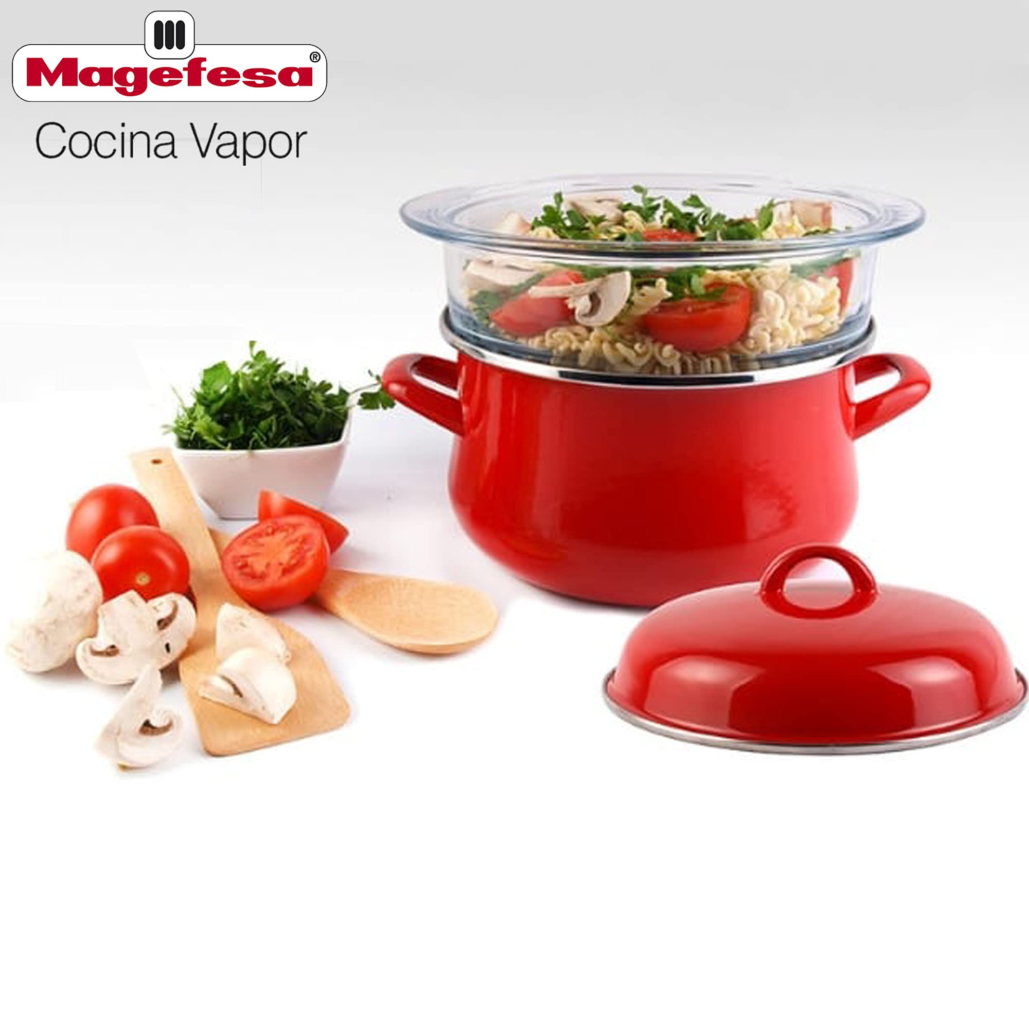 Pentola Megafesa Praga 20 Cm Con Coperchio In Vetro – Smalto Vetrificato, Doppio Rivestimento Antiaderente, Adatta A Tutti I Piani (Gas, Induzione, Vetroceramica), Color Granata