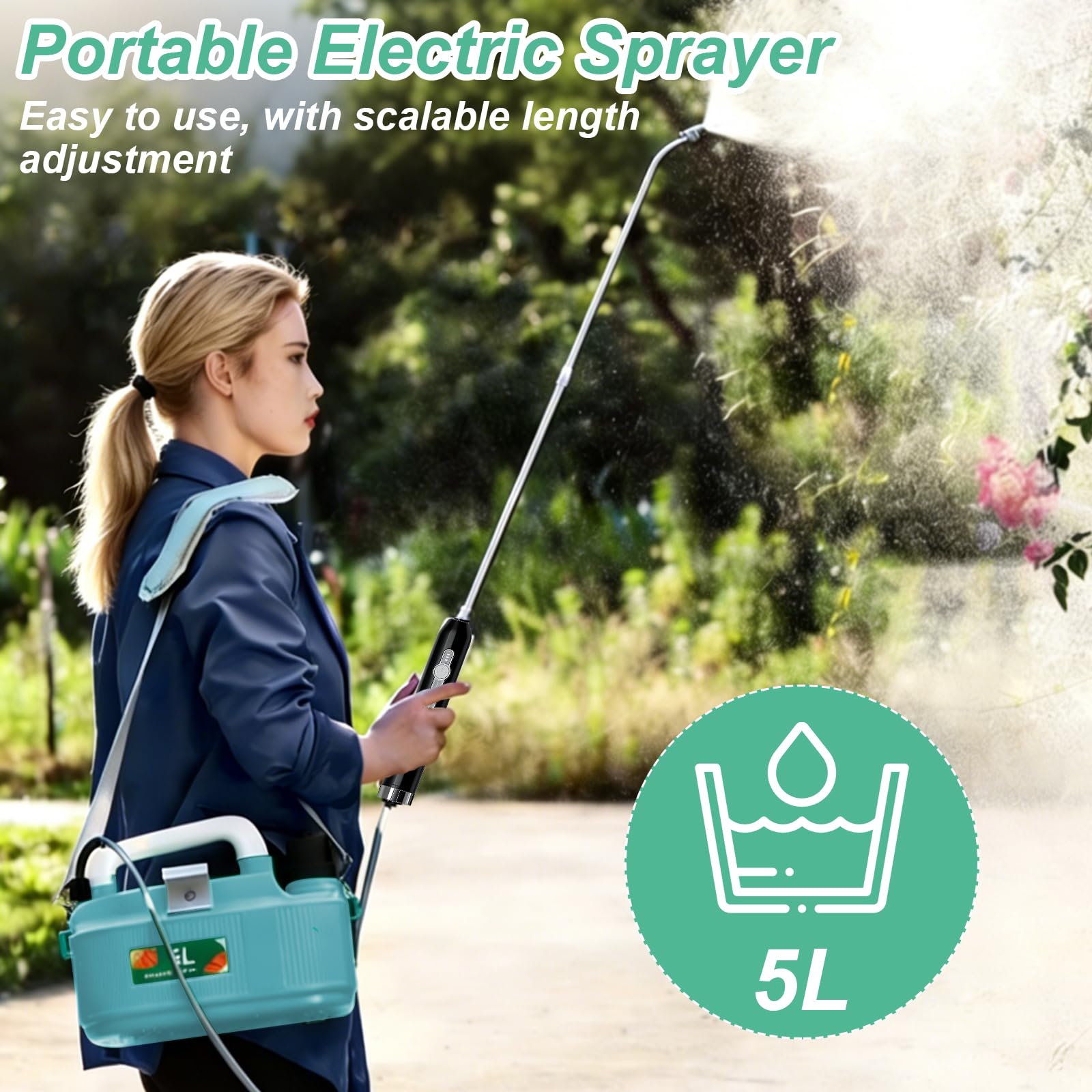Spruzzatore a pressione a batteria da 5 litri, spruzzatore elettrico per piante con 3 ugelli, spruzzatore a pressione a batteria per irrigazione da giardino, controllo dei parassiti in agricoltura