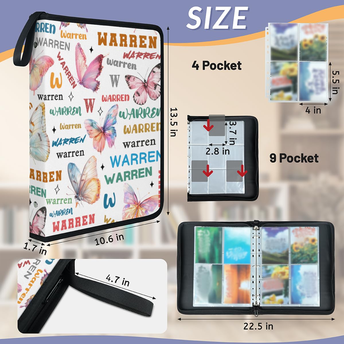 Top-Loaders-for-Cards - Carpeta de tarjetas coleccionables con nombre personalizado, 9 bolsillos, carpeta de tarjetas deportivas como regalo para mujeres, hombres, niños, niñas, niños, mariposas rosas
