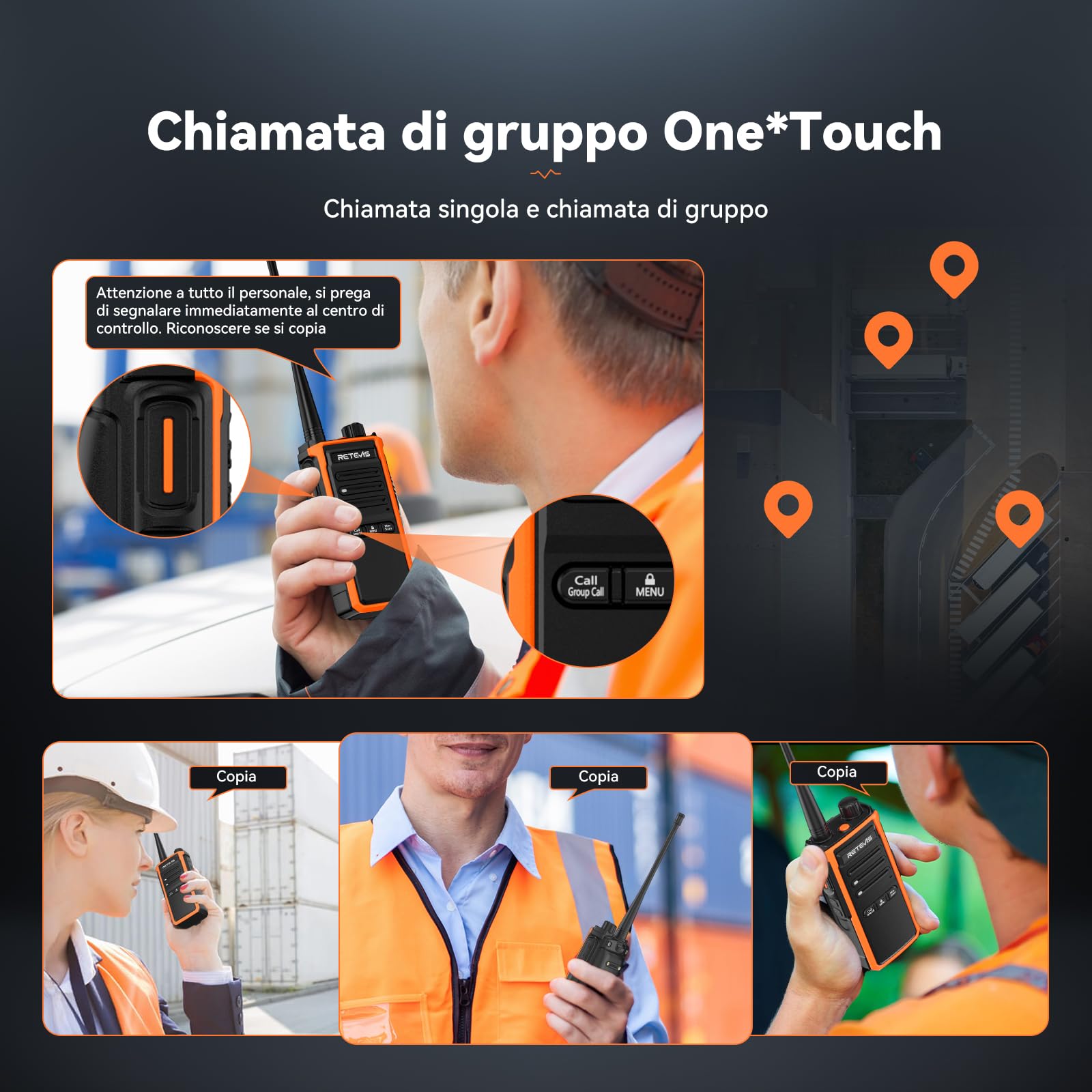 Retevis C65B Walkie Talkie Professionali IP67, Ricetrasmittenti a Lungo Raggio, Batteria Ricaricabile da 1800 mAh, Chiamata di Gruppo, Woki Toki Alta Potenza per la Costruzione (4 Pacchetti)