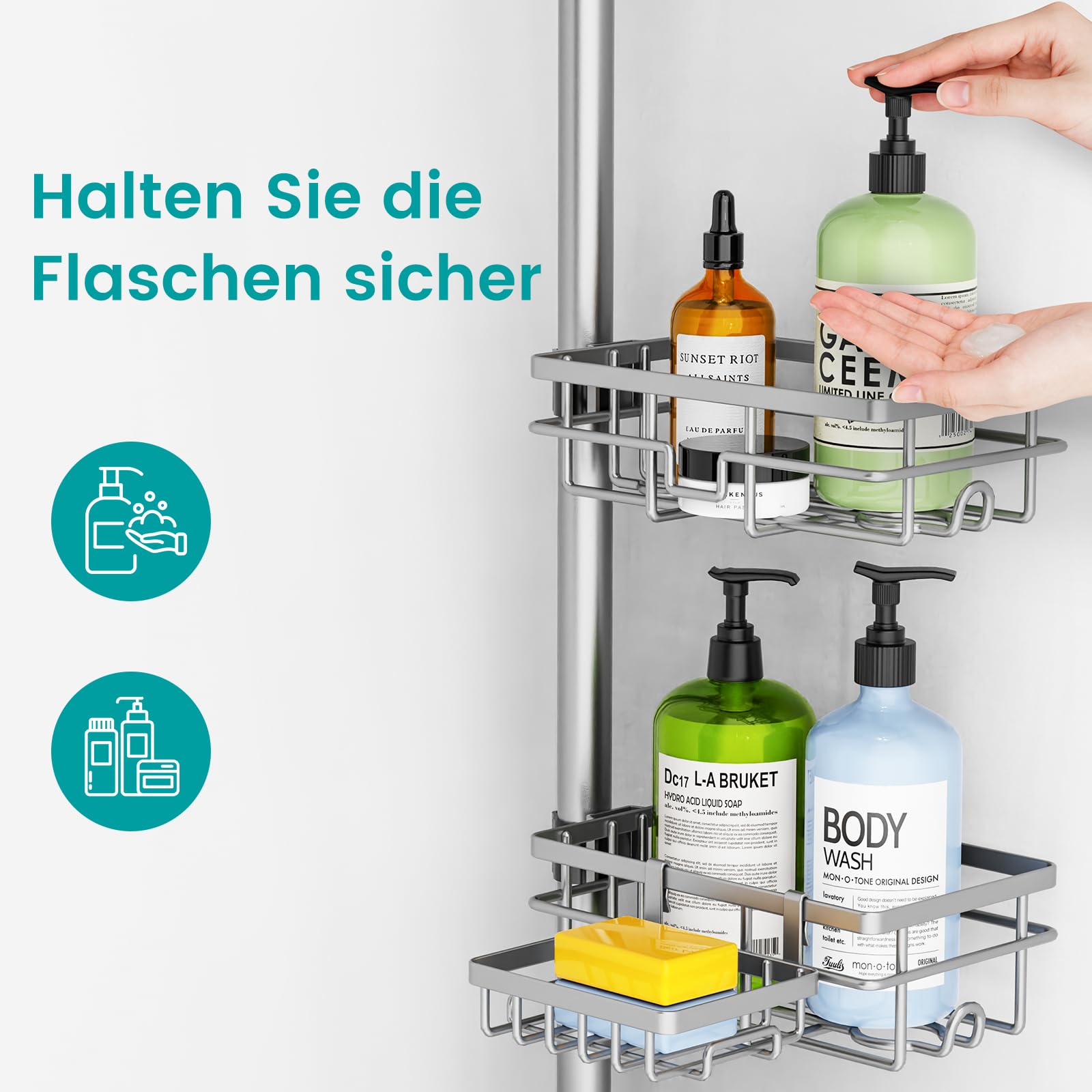 Mixoo 6 Stück Duschablage Ohne Bohren, Teleskop 3.4M Duschregal Eckregal fur Badezimmer, 304 Edelstahl Bad Organizer für Dusche und Badewanne Schwarz (Gewehrgrau) | Höhenverstellbar:30.5-111.9in Teleskopregal für Dusche/Badewanne, Duschablage mit Handtuch