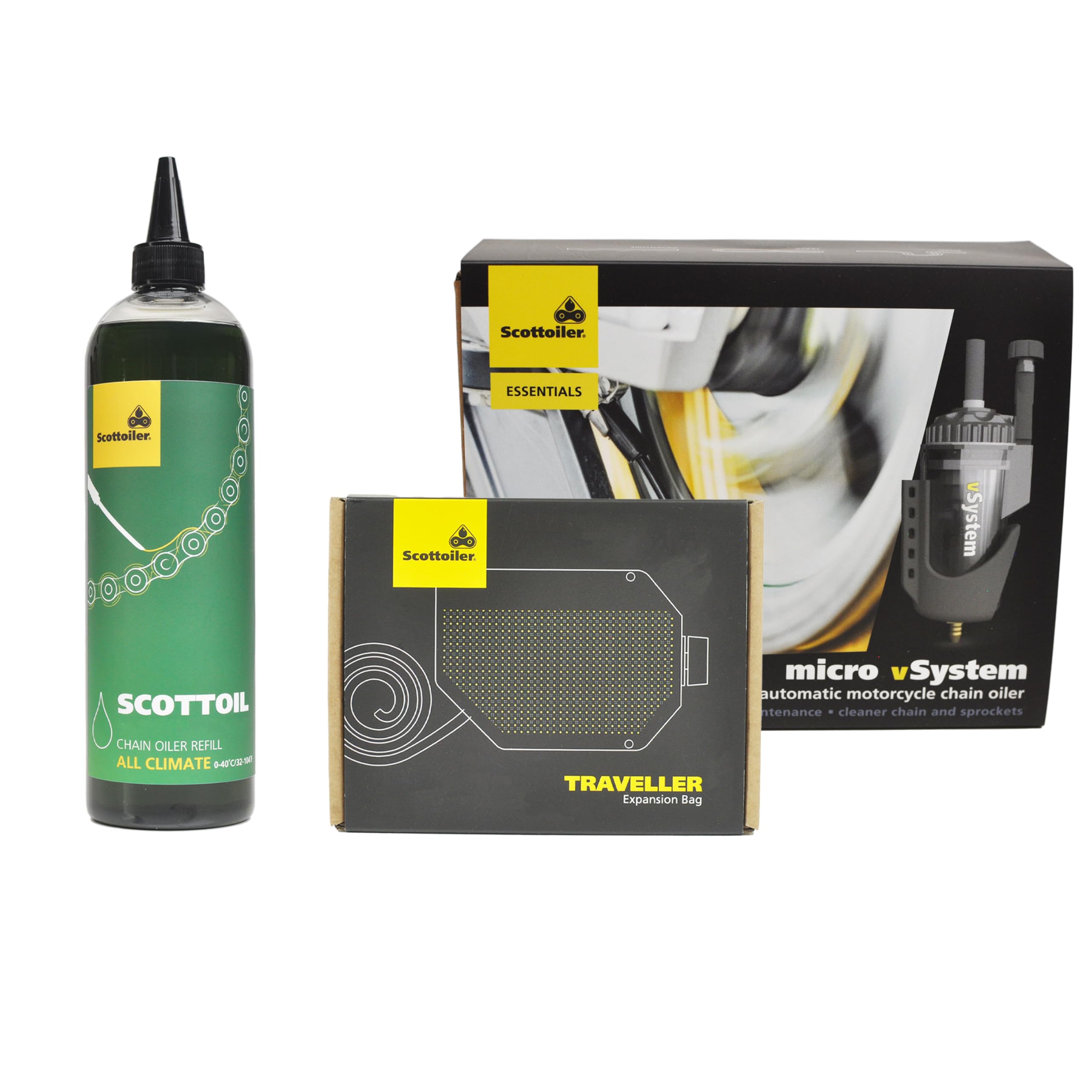 Scottoiler Essentials - Micro-vSystem - Lubricador Automático de Cadena de Motocicleta con Extensor de Alcance Traveller y Recarga de 500ml de Scottoil Verde Biodegradable - Bundle Kit de Largo Alcanc