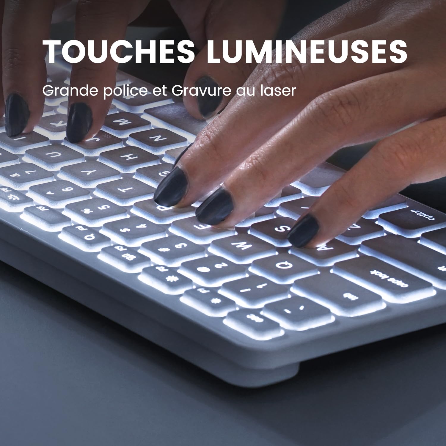 perixx PERIBOARD-333MW Kompaktowa podświetlana klawiatura dla komputerów Mac z kablem - cienkie nożyczki z dużymi literami - biała dioda LED - układ francuski AZERTY