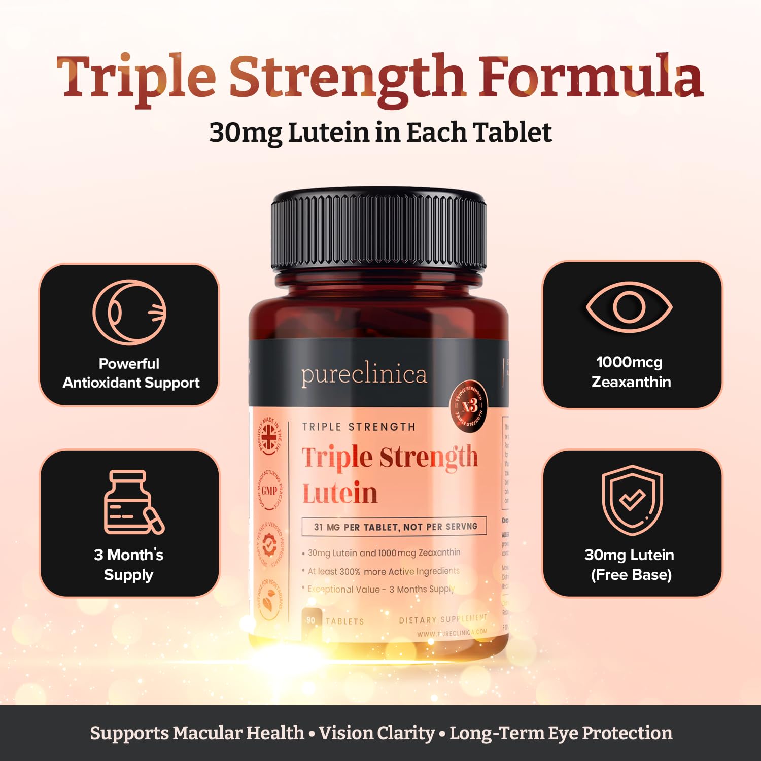Triple Force Lutéine 30 mg x 90 comprimés. Avec 1000 mcg de Zéaxanthine - Fourniture de 3 mois.
