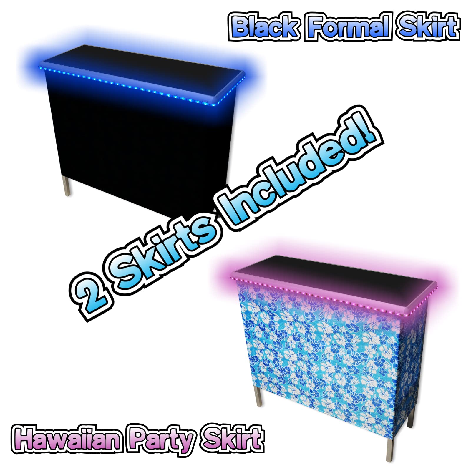 PARTYPONG Barra de fiesta portátil plegable con luces LED patentadas, faldas de bar negras y hawaianas, estante de almacenamiento y funda de transporte