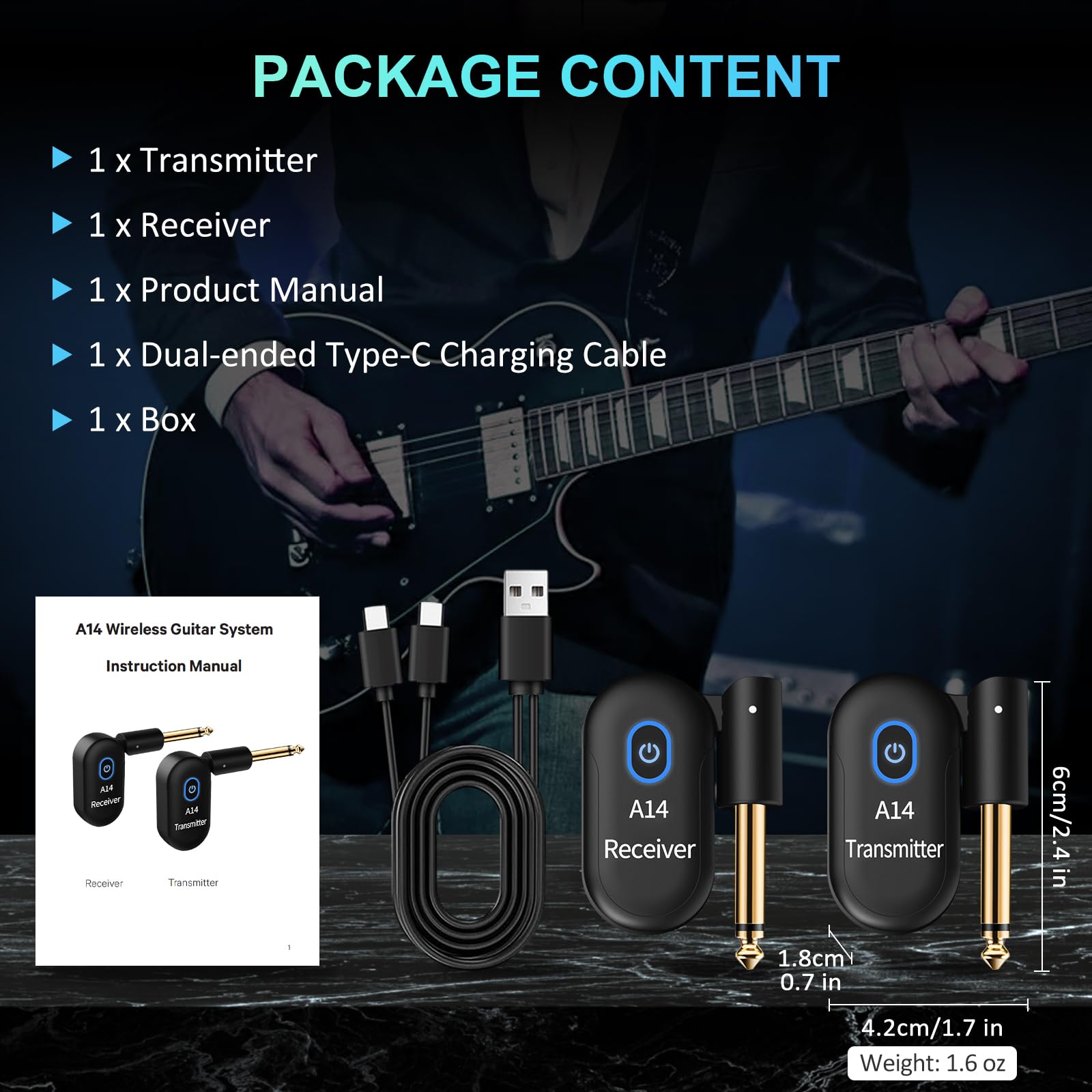 A14 Wireless Gitarrensystem 2.4GHz 2 Modi, Daumengröße, Wiederaufladbarer Li-Akku, 100ft Reichweite, 10 Stunden, Plug & Play für Gitarre, Bass, Violine, Keyboard (1TX + 1RX)