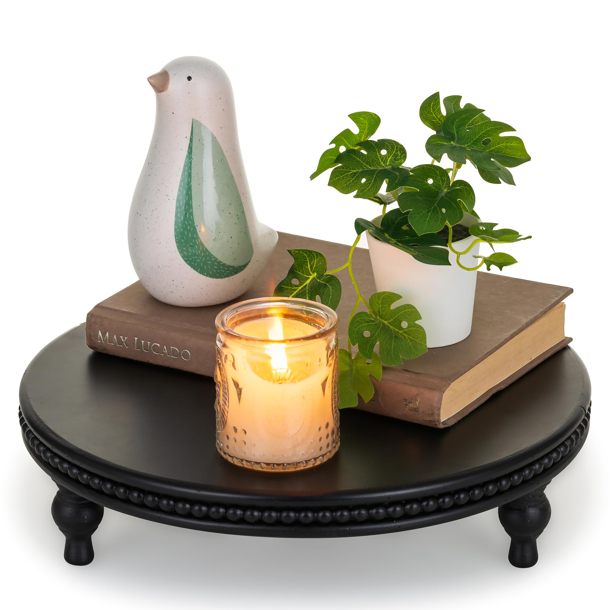 Hanobe Decorative Tray Decor Round: Black Beaded Coffee Table Trays 12" for Living Room - Modern Wood Pedestal Stand for Kitchen Bathroom Entryway Display Candle PlantThe Forest Stewardship Council