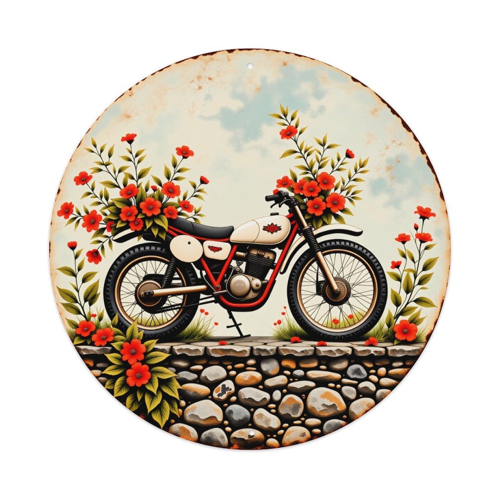 Motorcycle Flowers Stones Sky Art Round Sign Wall Decor Poster, Home Bar Garage Cafe Kitchen Wall Art Decoration 12X12Inches