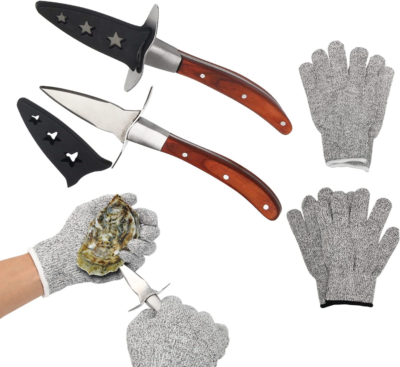 Oyster Shucking Knife with 4 Gloves, Stainless Steel Shucker Oyster Knife Set for Ark Shell, Clams
